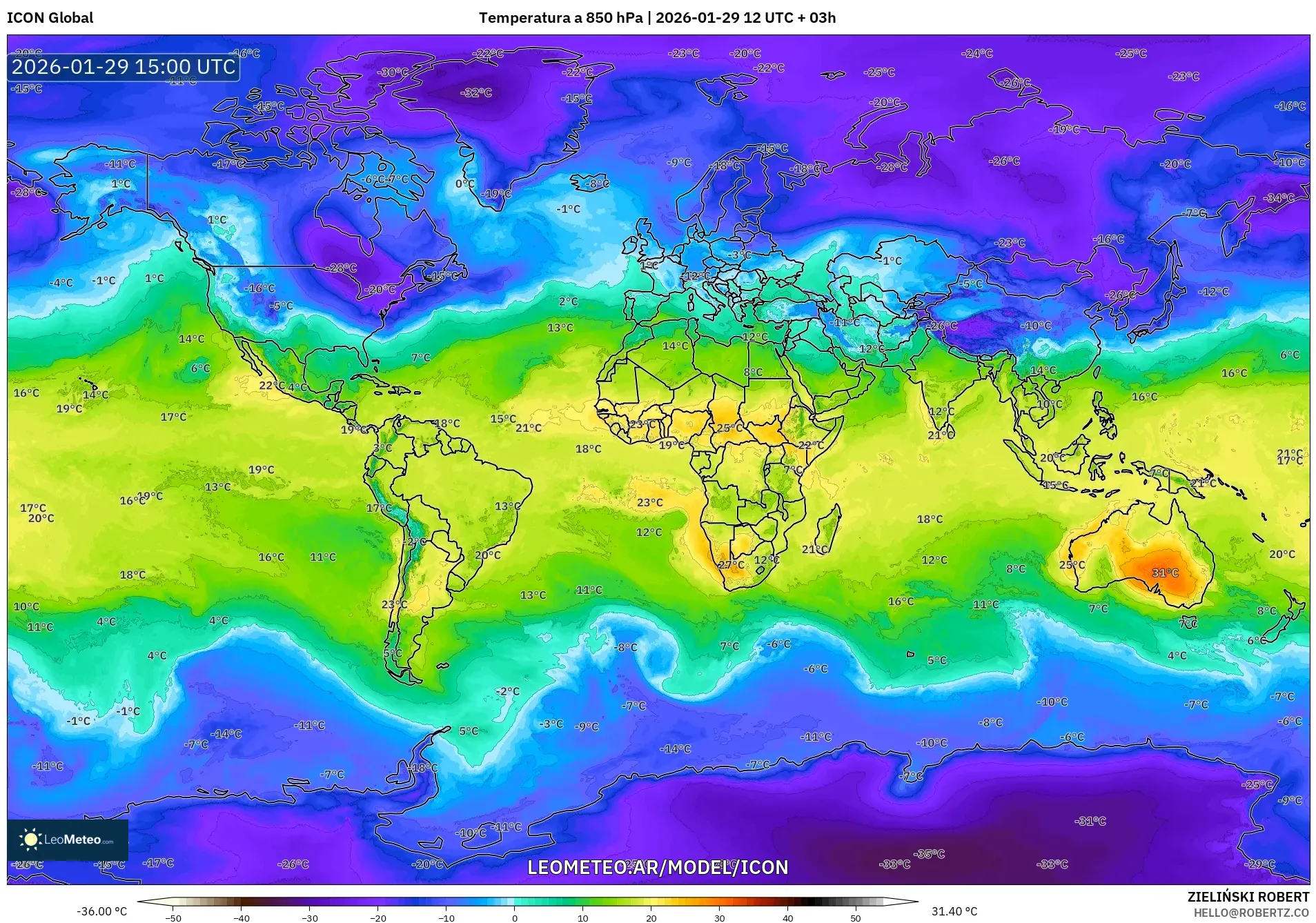 ICON model - Mundo, Temperatura a 850 hPa