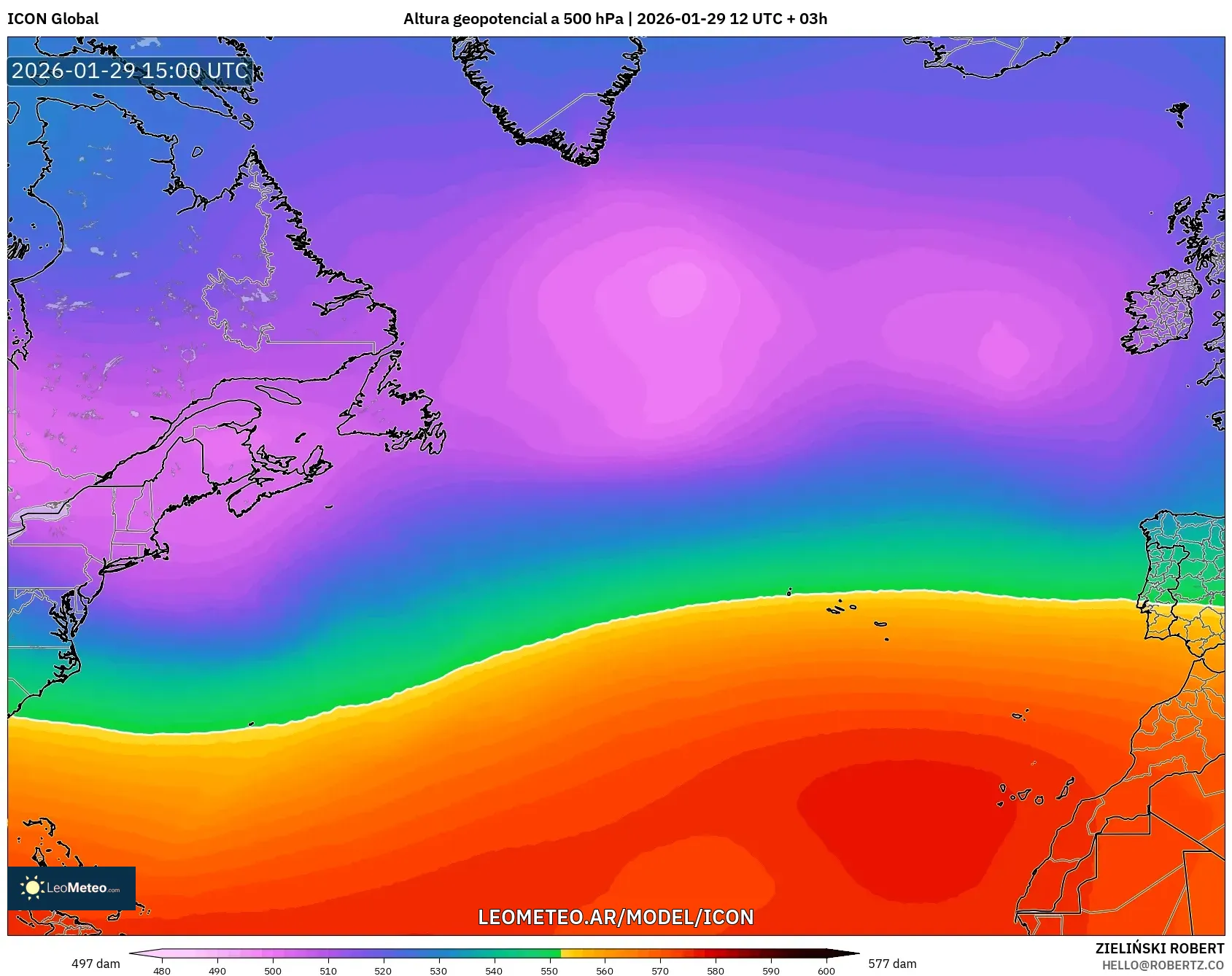 ICON model - Atlântico Norte, Altura geopotencial a 500 hPa