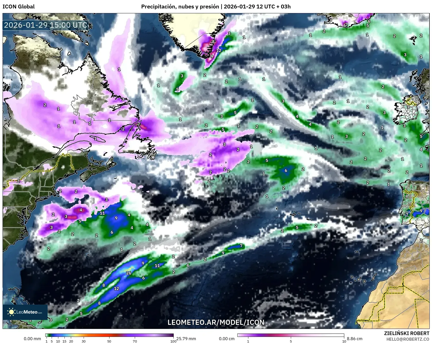 ICON model - Atlântico Norte, Precipitação, nuvens e pressão