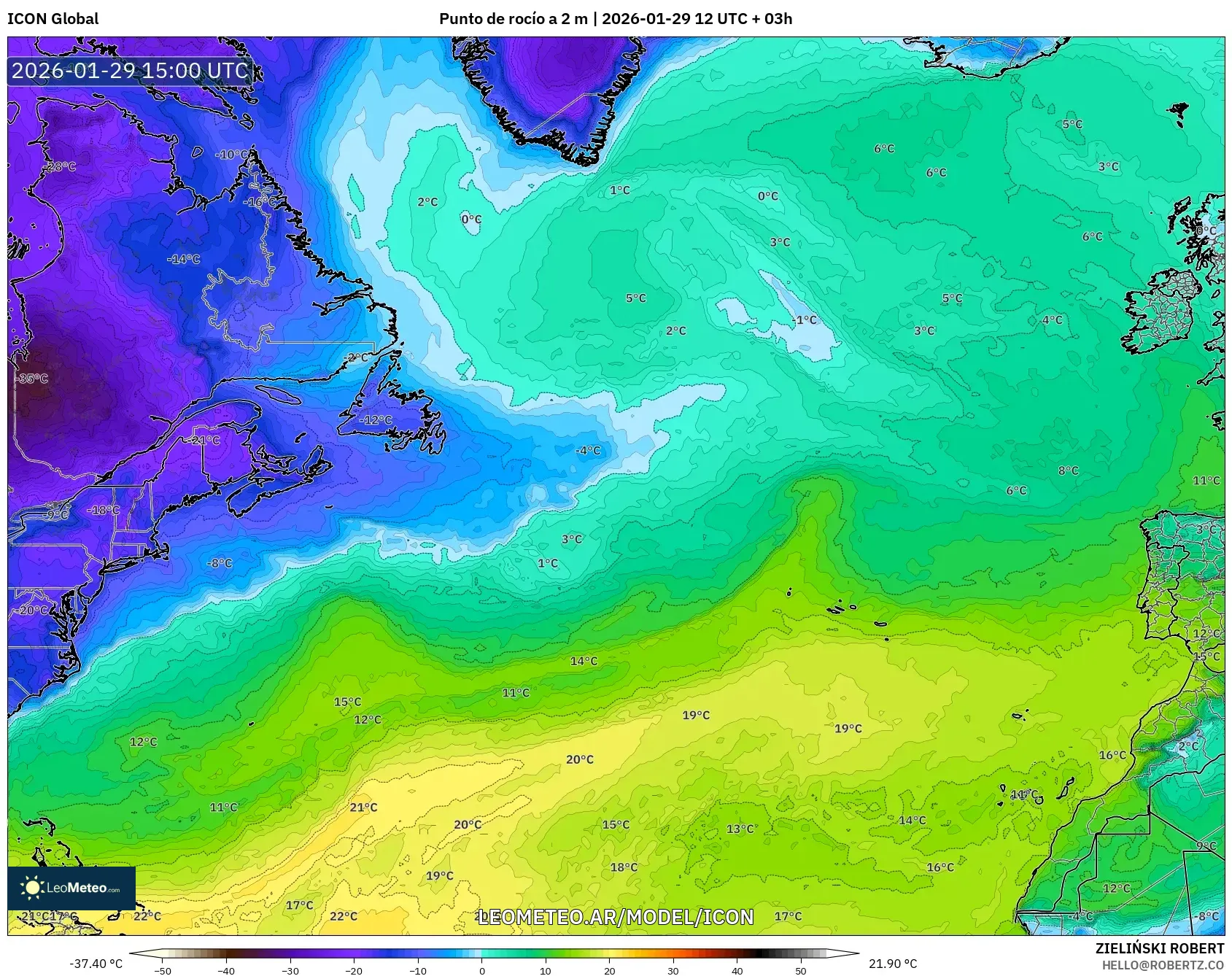 ICON model - Atlântico Norte, Ponto de orvalho a 2 m
