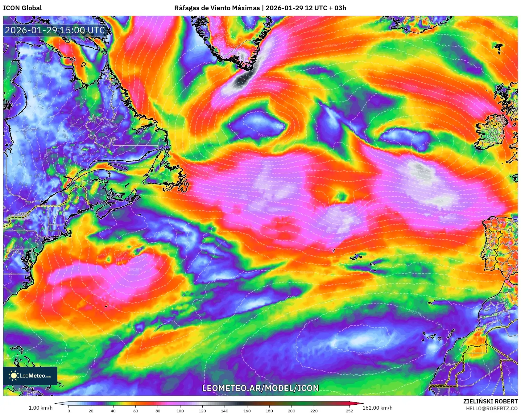 ICON model - Atlântico Norte, Rajadas de Vento Máximas