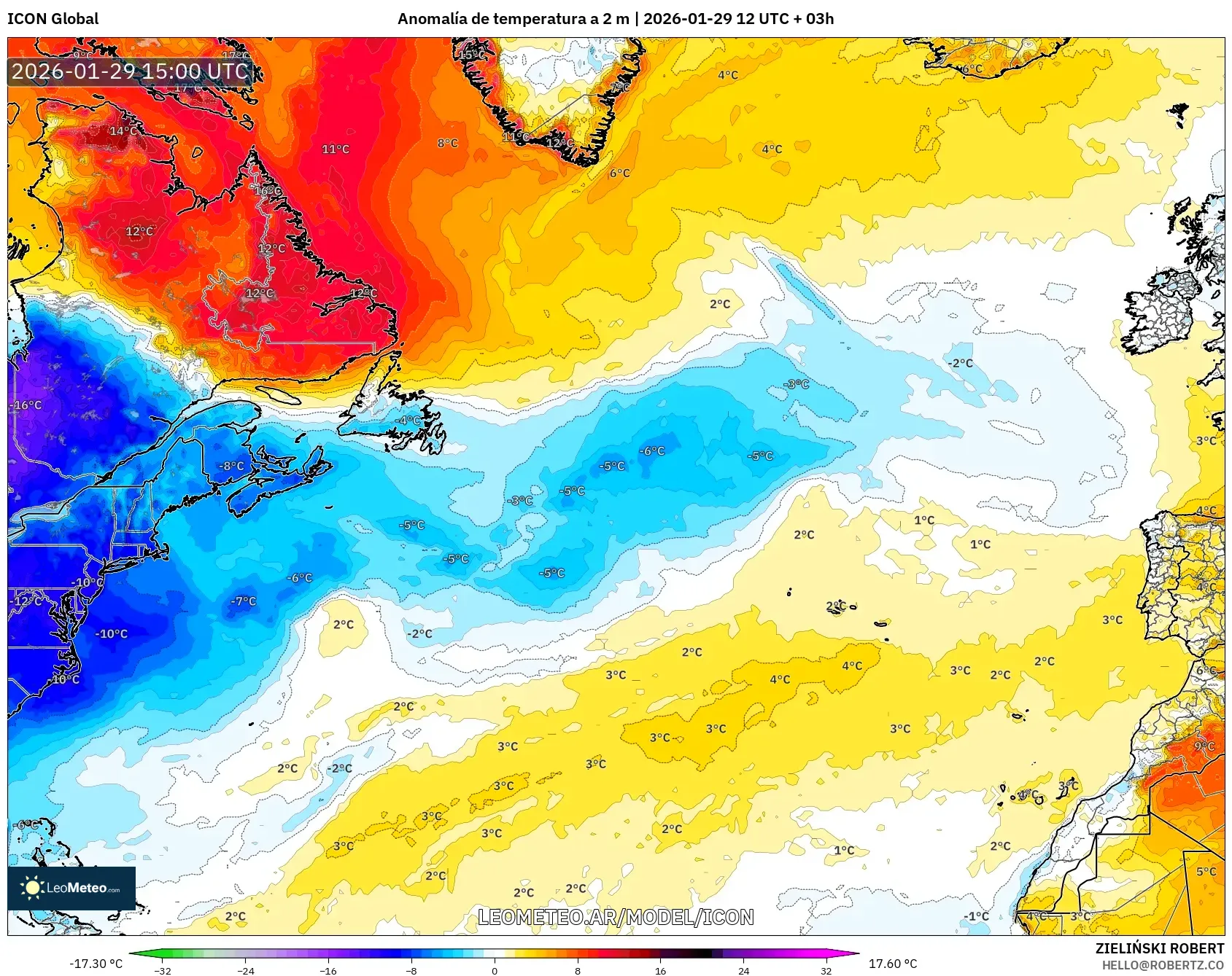 ICON model - Atlântico Norte, Anomalia de temperatura a 2 m