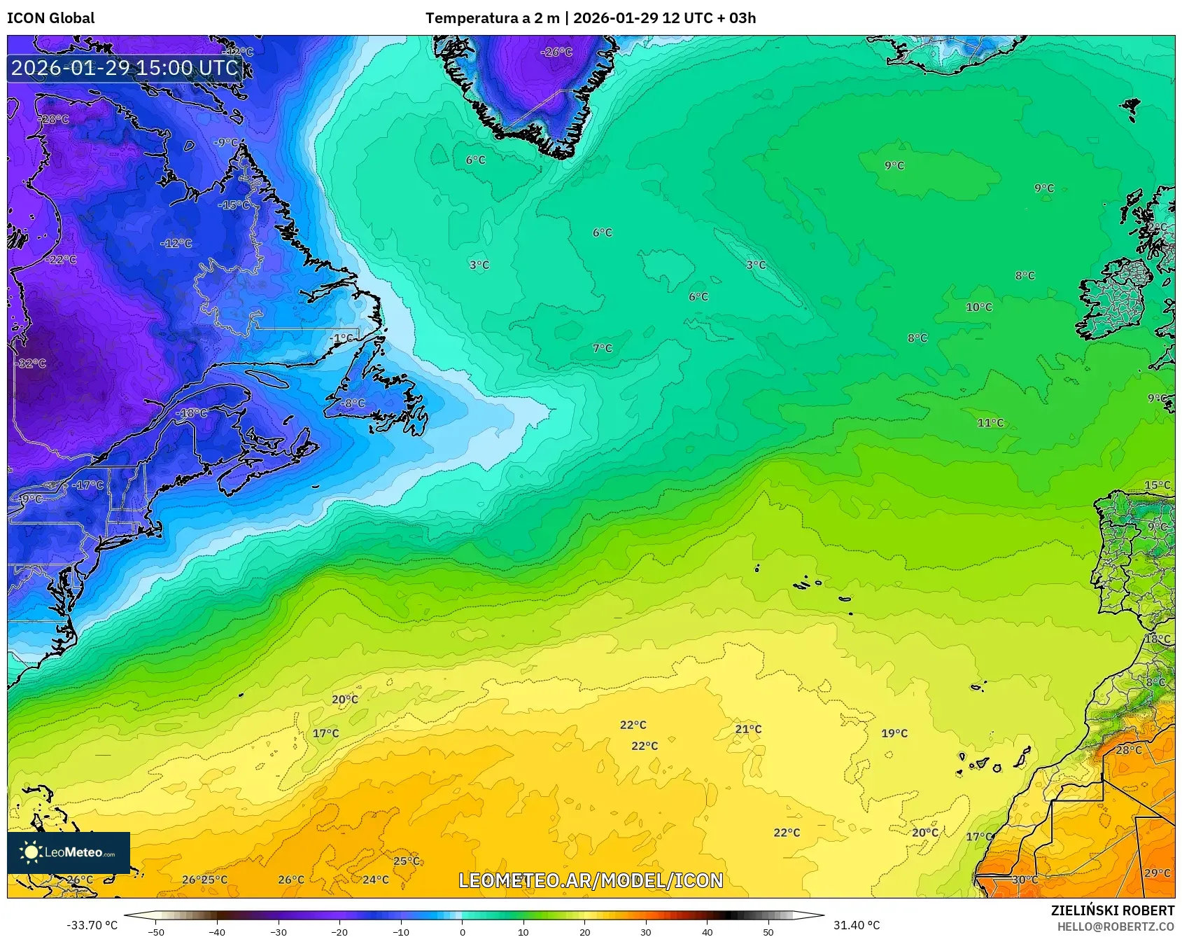 ICON model - Atlântico Norte, Temperatura a 2 m