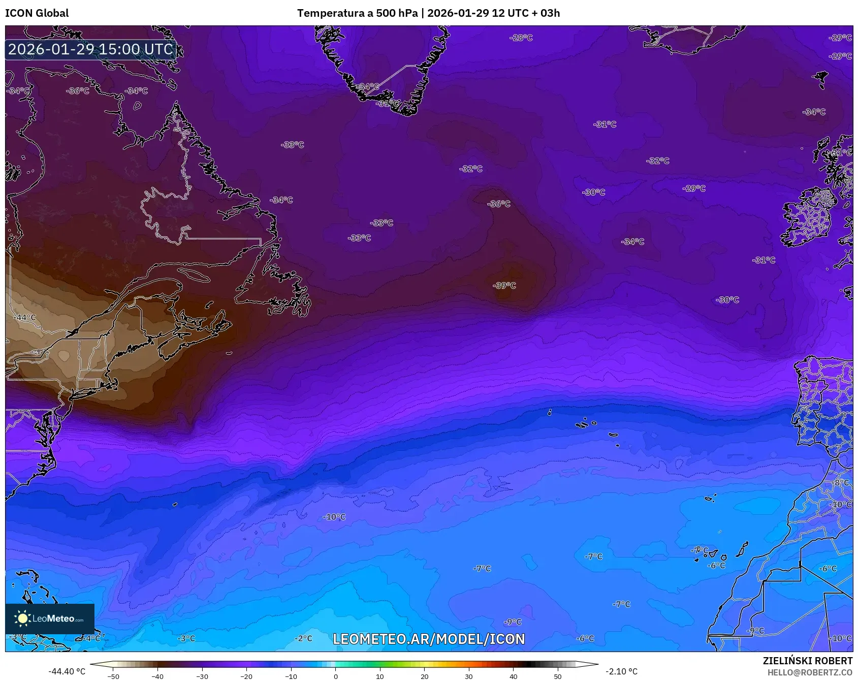 ICON model - Atlântico Norte, Temperatura a 500 hPa