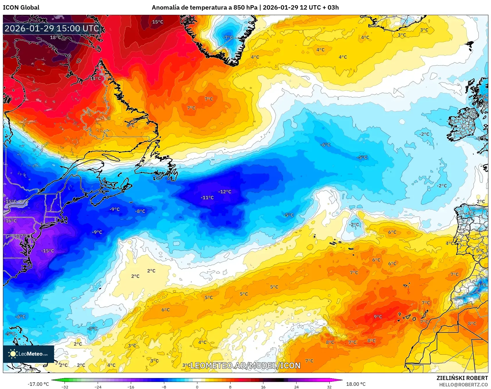 ICON model - Atlântico Norte, Anomalia de temperatura a 850 hPa