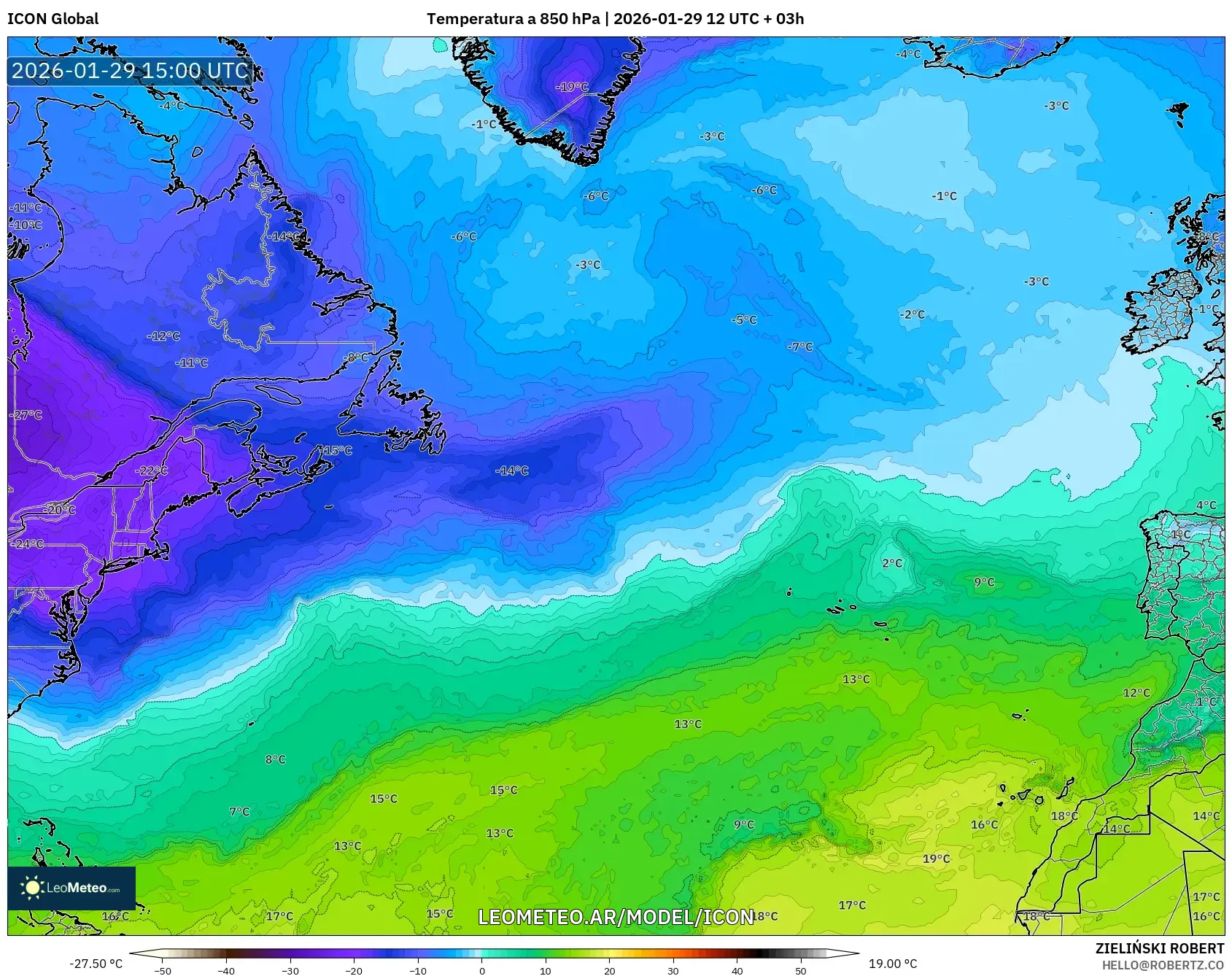 ICON model - Atlântico Norte, Temperatura a 850 hPa