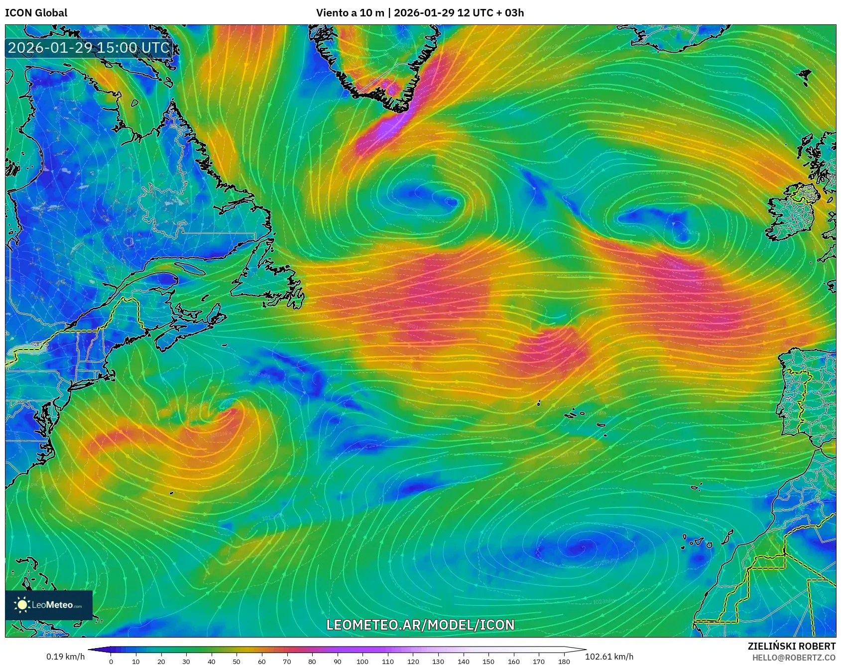 ICON model - Atlântico Norte, Vento a 10 m