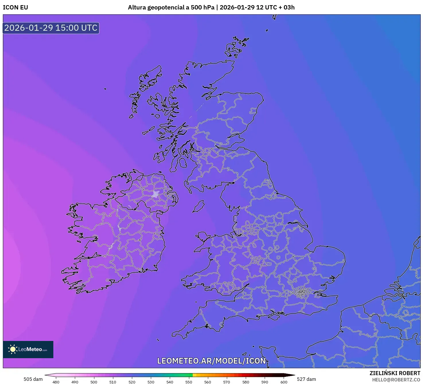 ICON model - Reino Unido, Altura geopotencial a 500 hPa