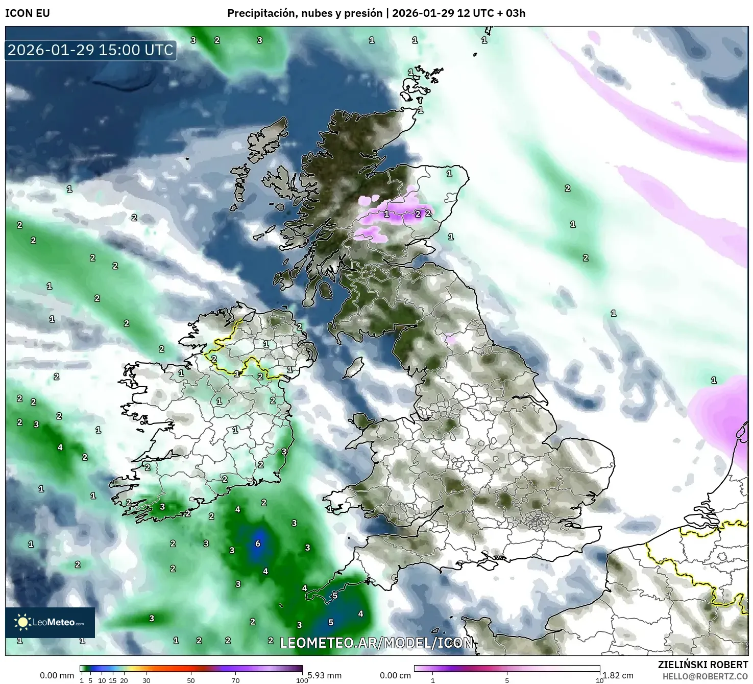 ICON model - Reino Unido, Precipitação, nuvens e pressão