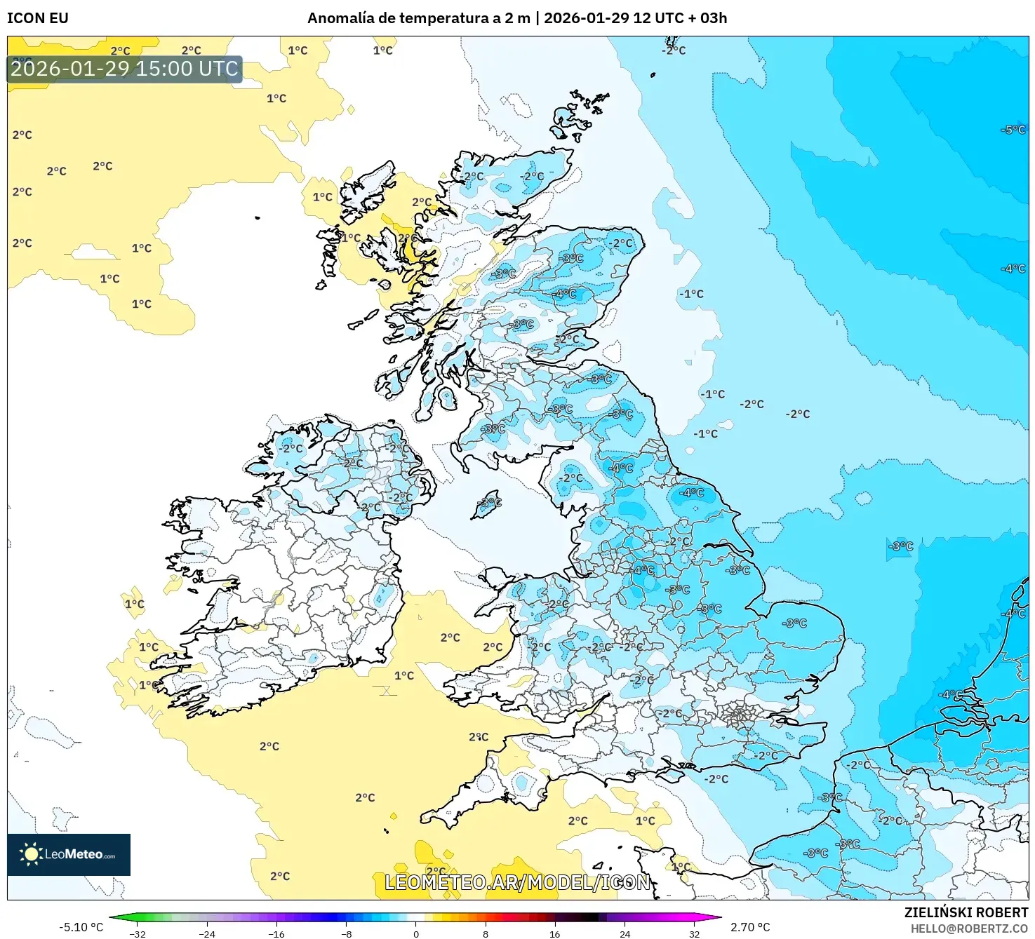 ICON model - Reino Unido, Anomalia de temperatura a 2 m
