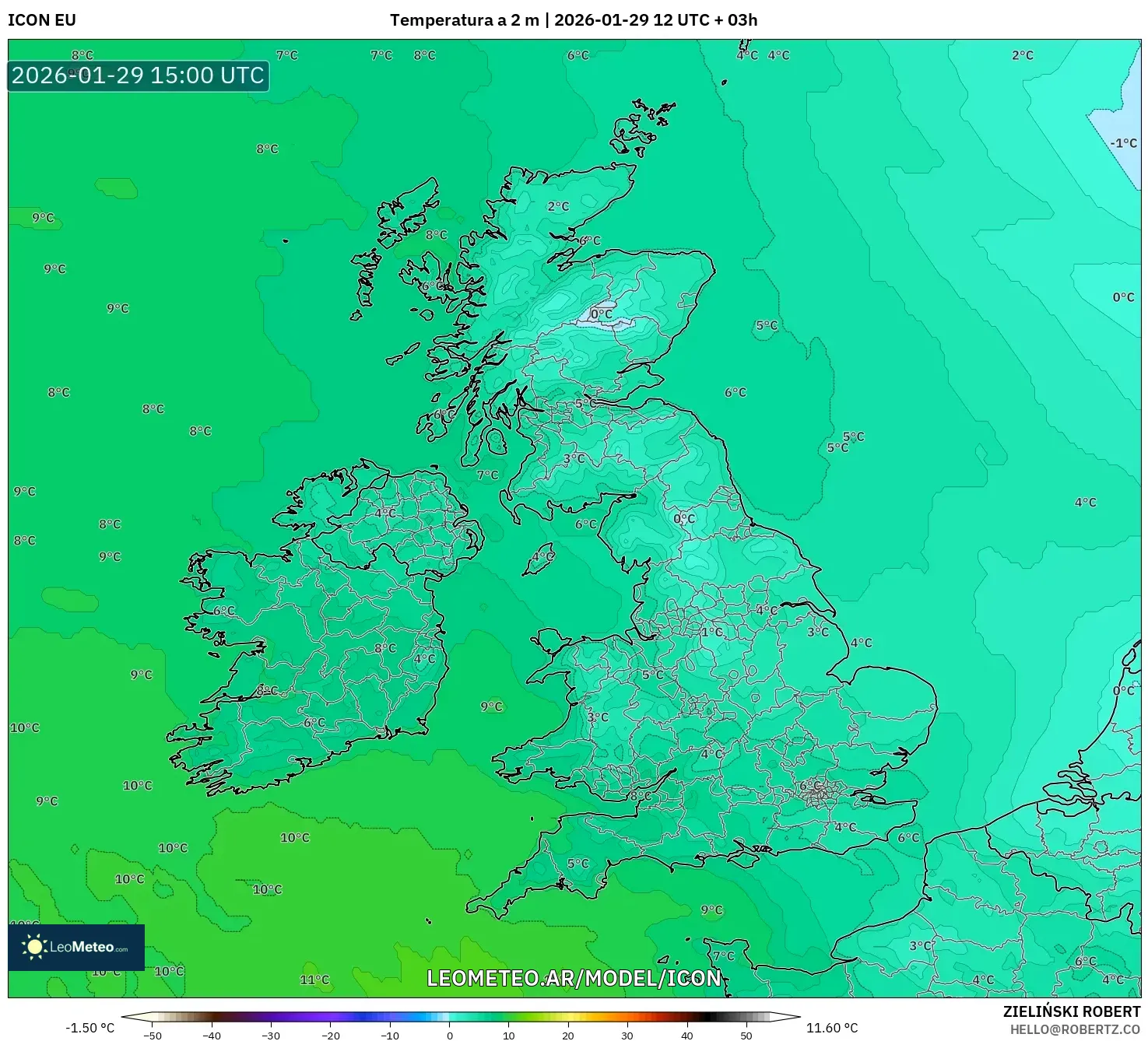 ICON model - Reino Unido, Temperatura a 2 m