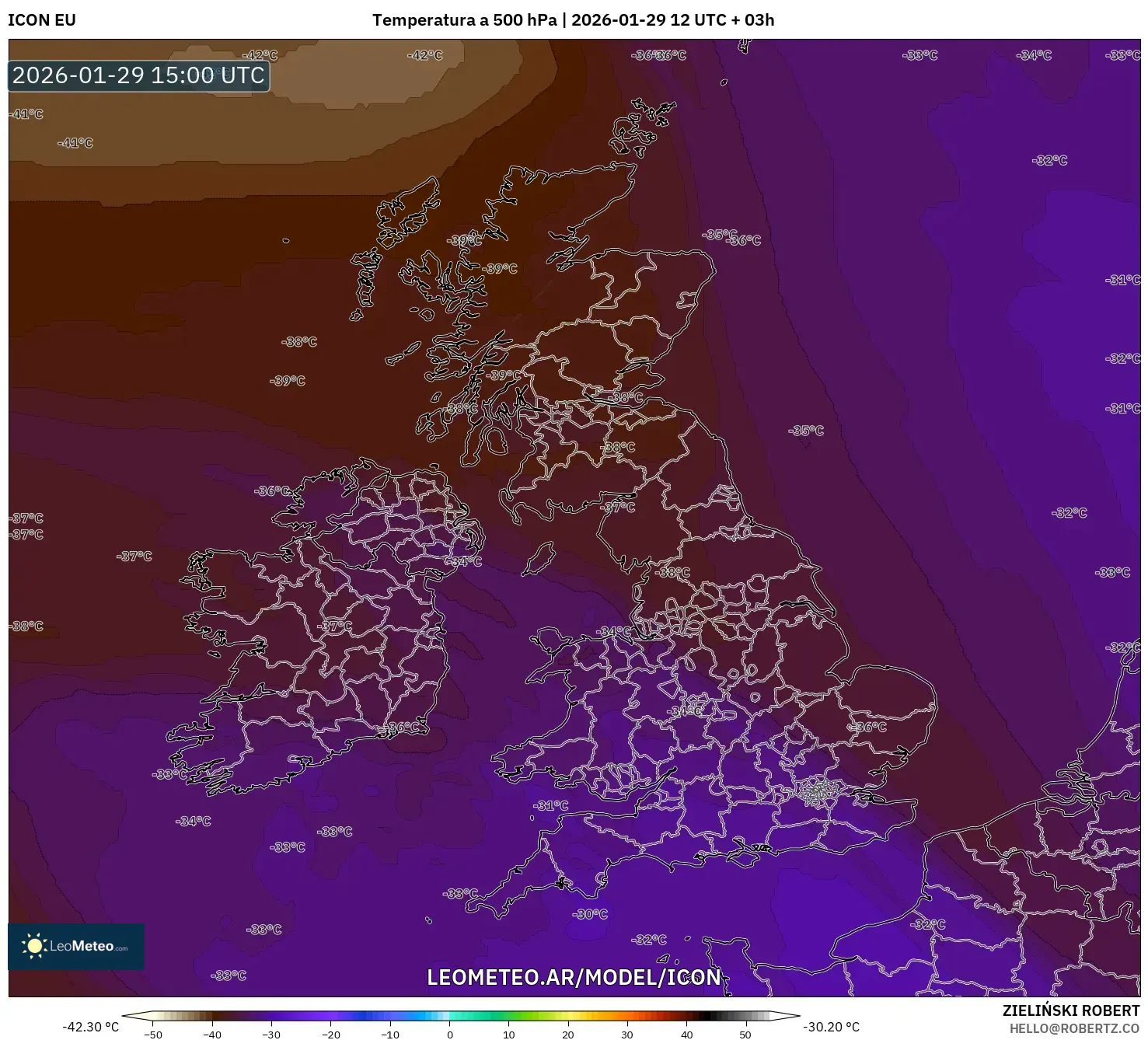 ICON model - Reino Unido, Temperatura a 500 hPa