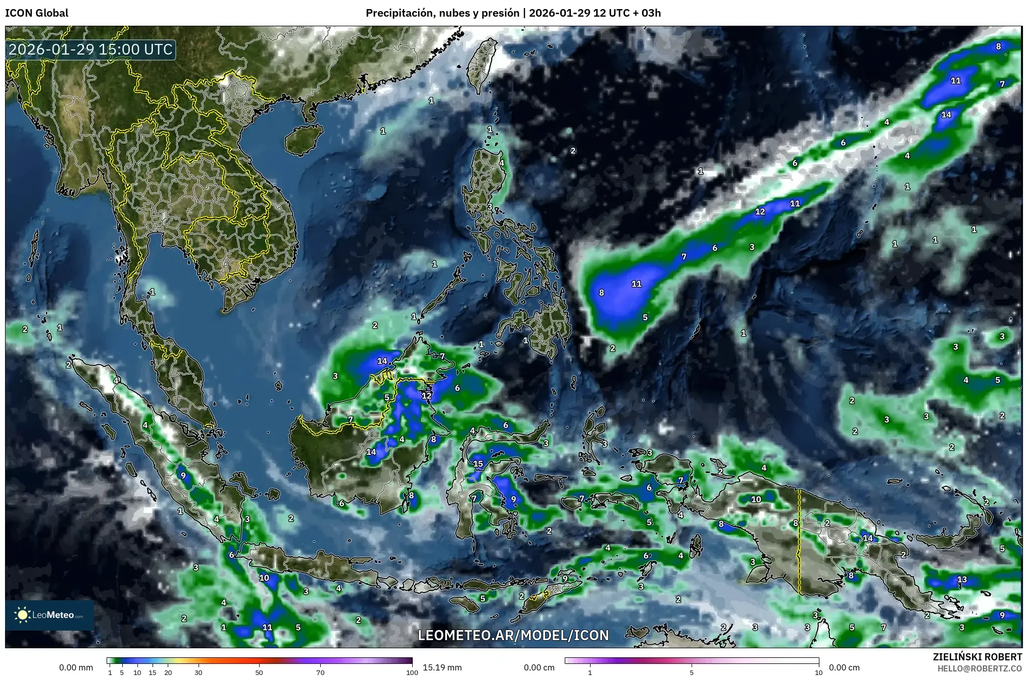 ICON model - Sudeste Asiático, Precipitação, nuvens e pressão