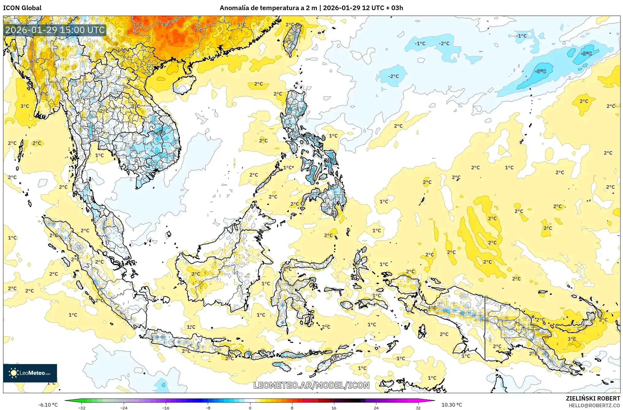 ICON model - Sudeste Asiático, Anomalia de temperatura a 2 m