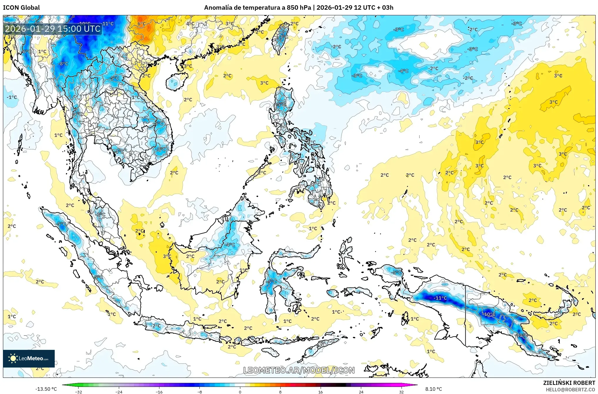 ICON model - Sudeste Asiático, Anomalia de temperatura a 850 hPa