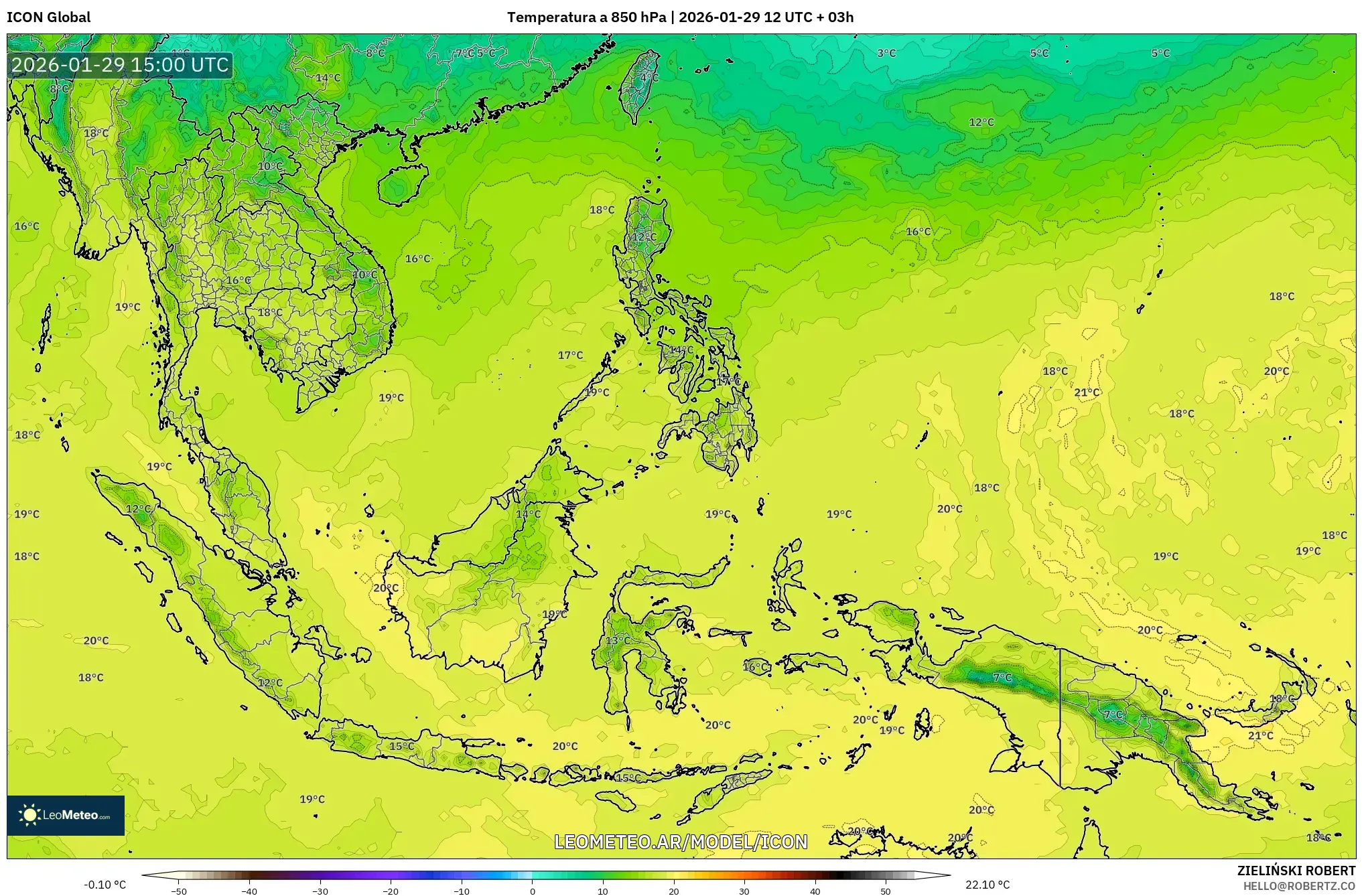 ICON model - Sudeste Asiático, Temperatura a 850 hPa