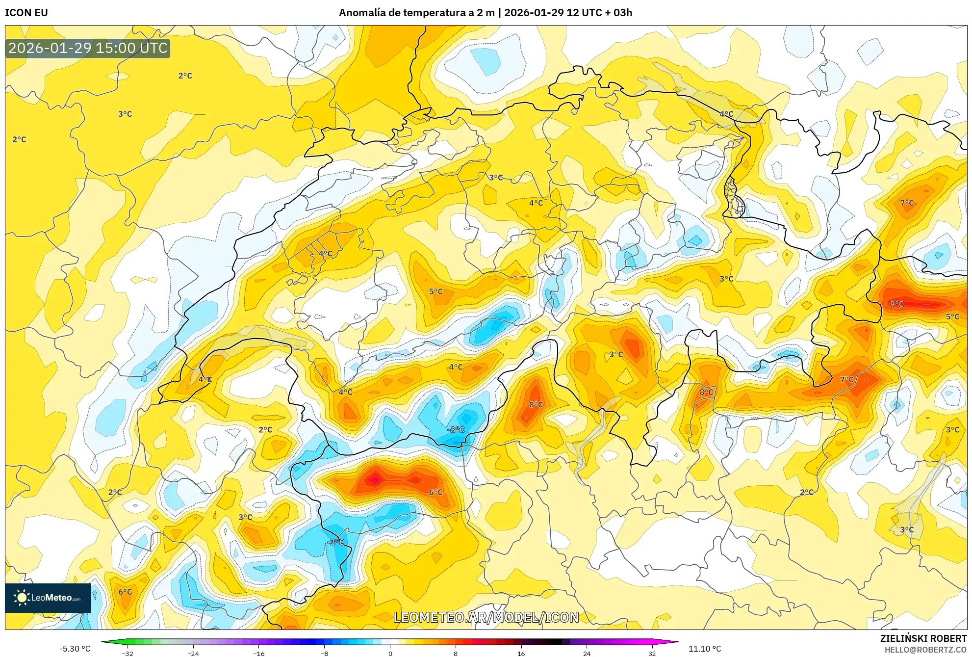 ICON model - Suíça, Anomalia de temperatura a 2 m