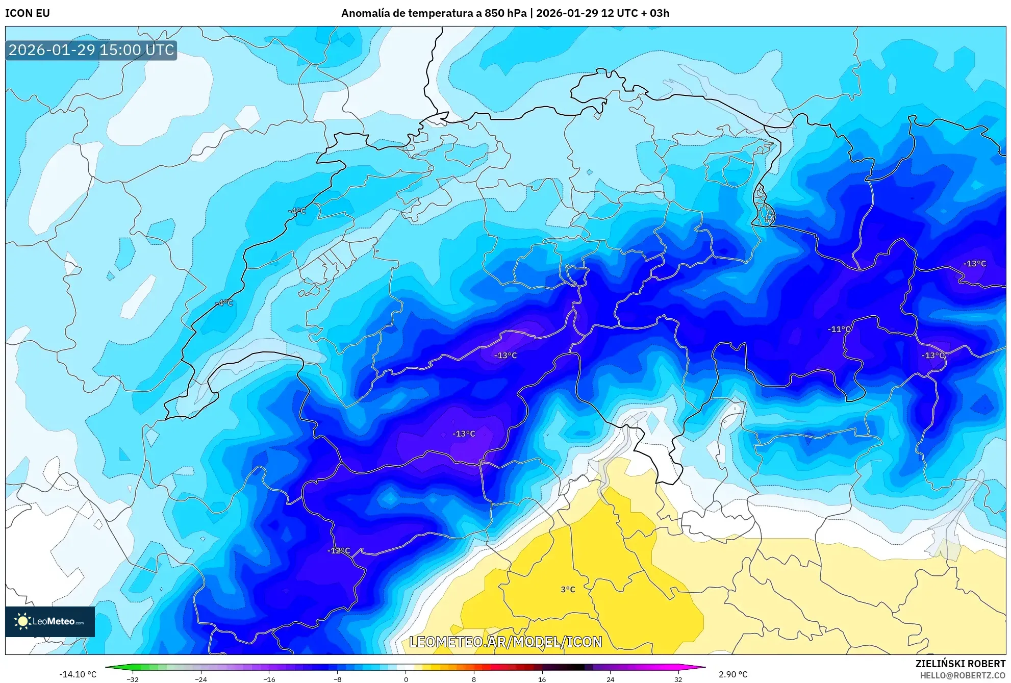 ICON model - Suíça, Anomalia de temperatura a 850 hPa