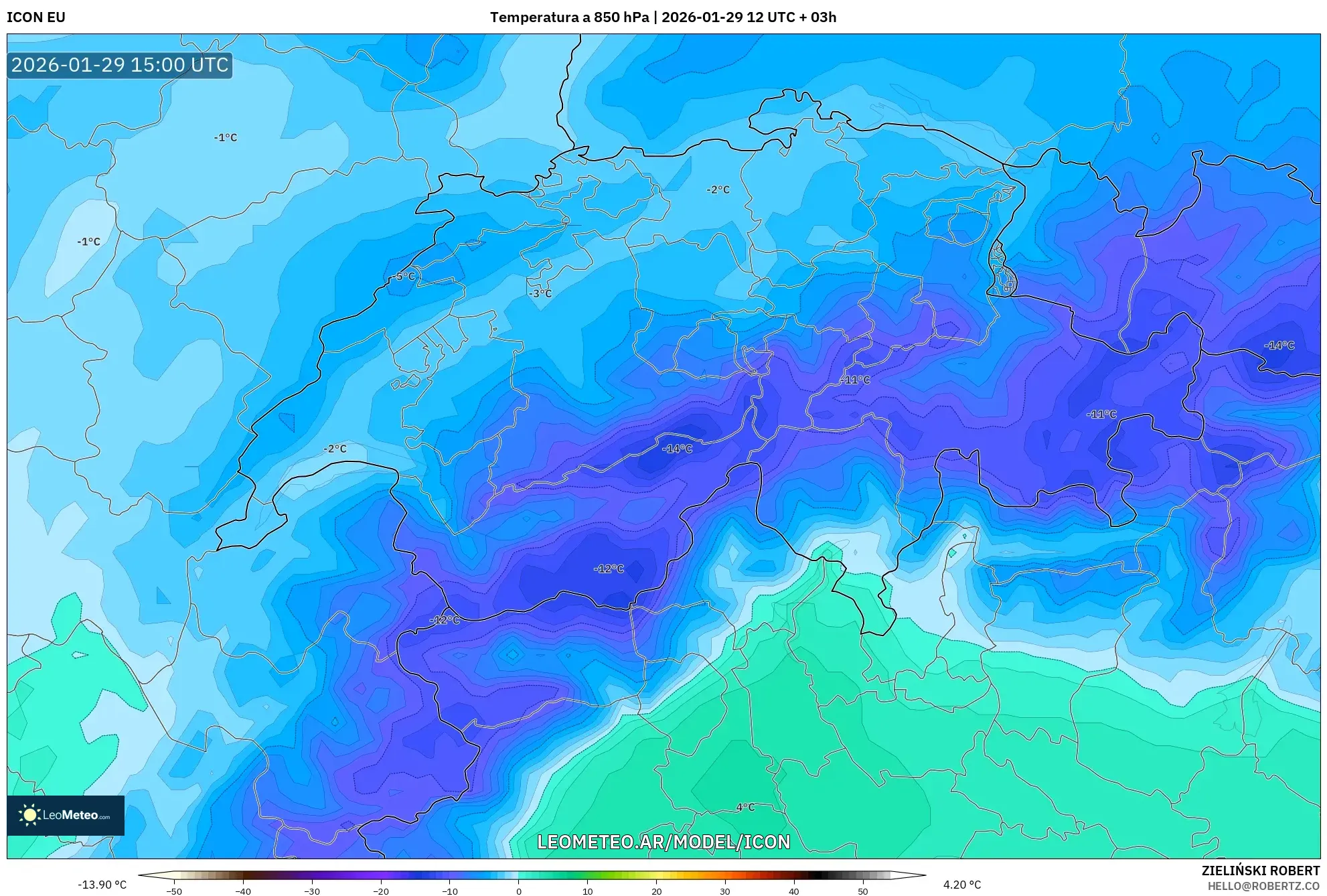 ICON model - Suíça, Temperatura a 850 hPa