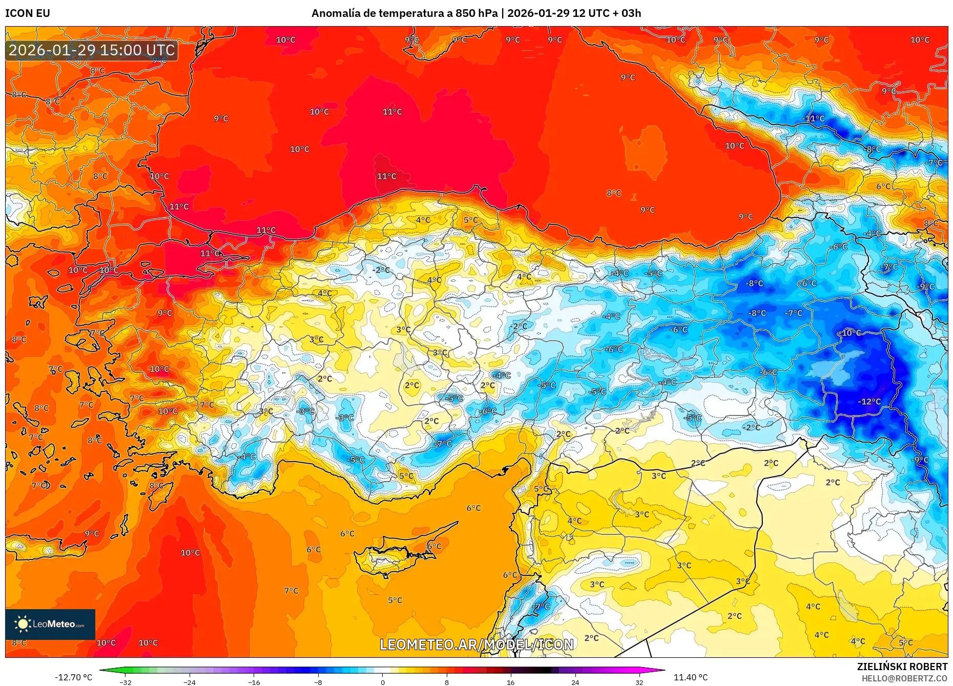 ICON model - Turquia, Anomalia de temperatura a 850 hPa