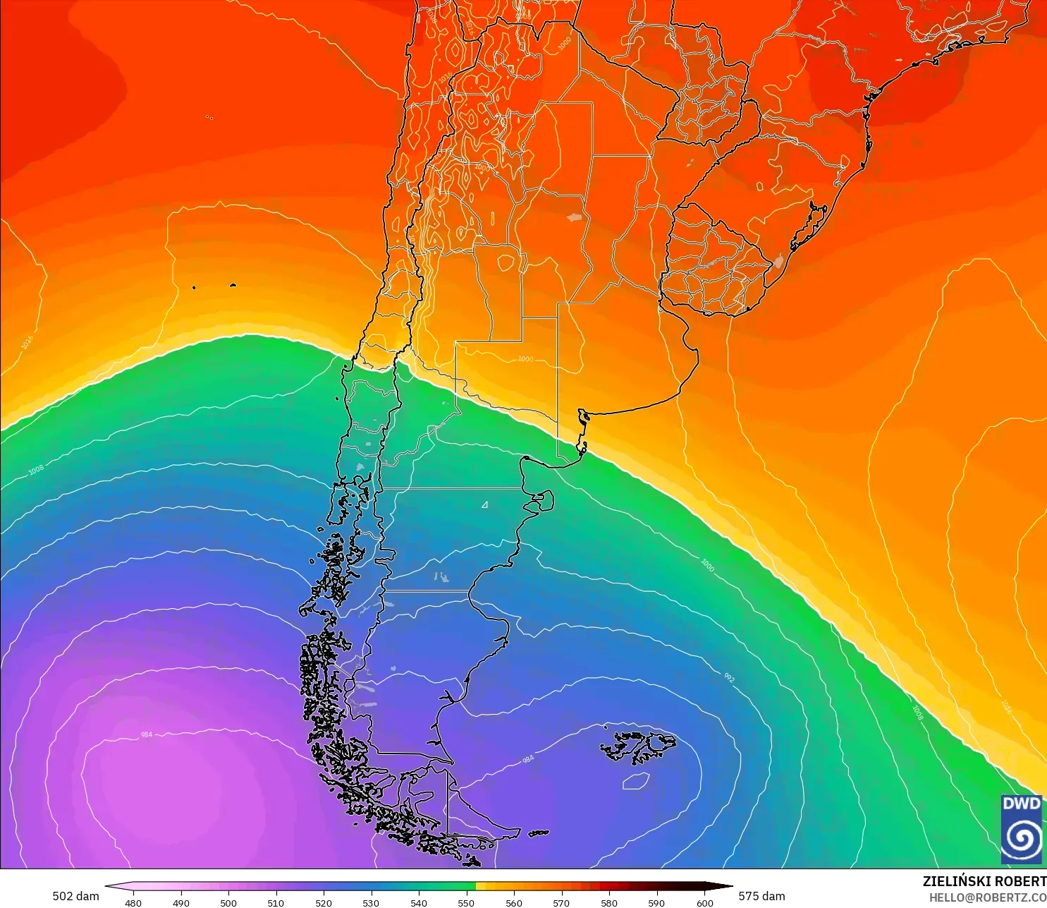 ICON modelo - Argentina, Altura geopotencial a 500 hPa