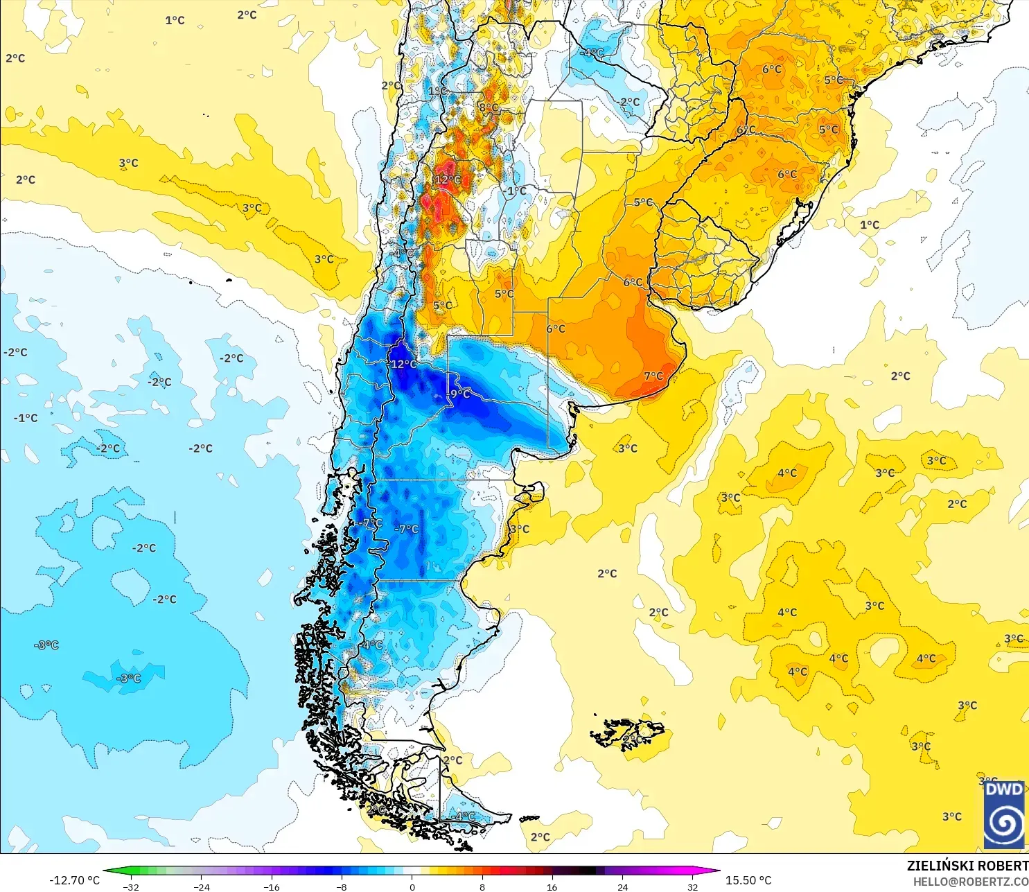 ICON modelo - Argentina, Anomalia de temperatura a 2 m