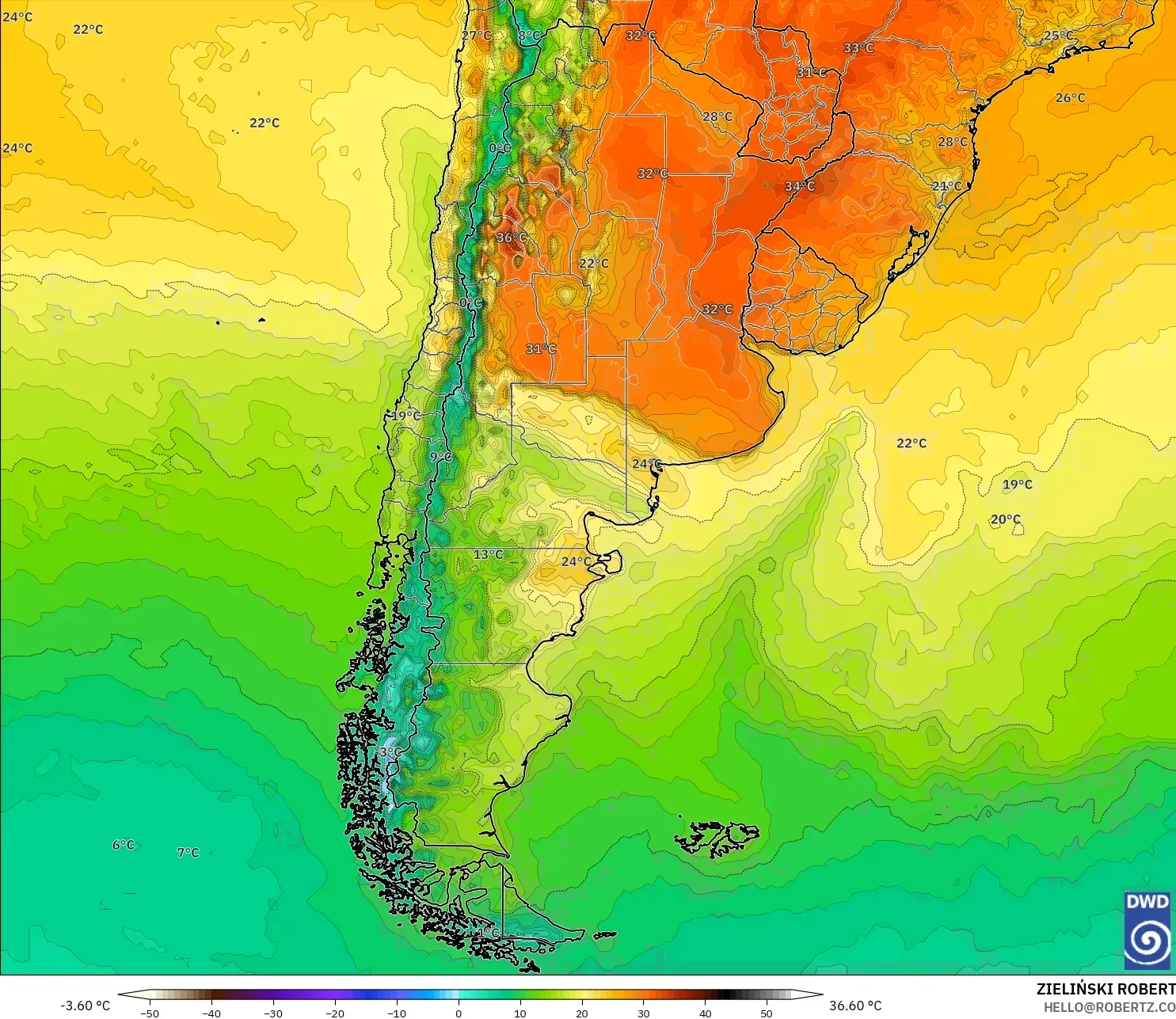 ICON modelo - Argentina, Temperatura a 2 m