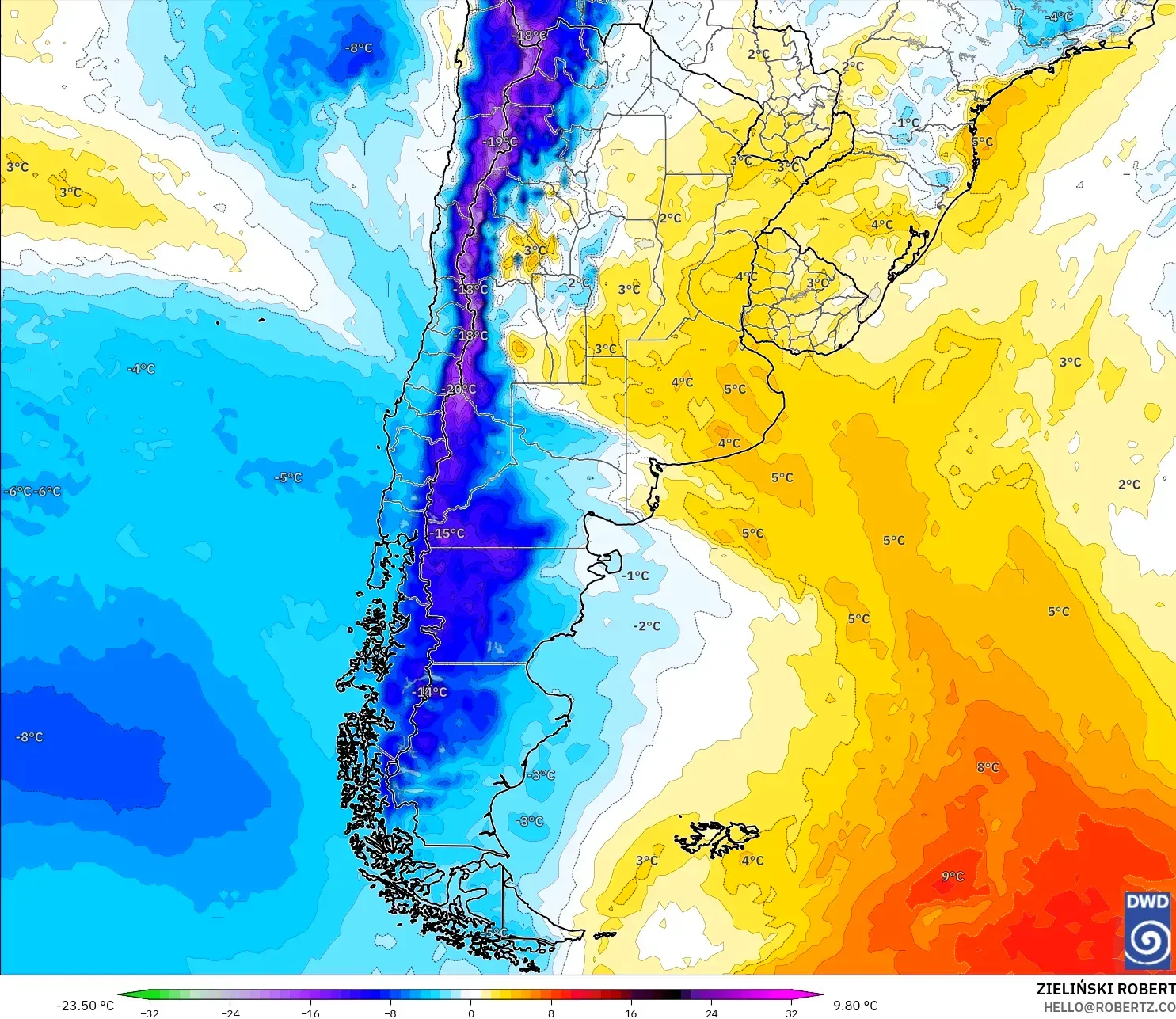 ICON modelo - Argentina, Anomalia de temperatura a 850 hPa