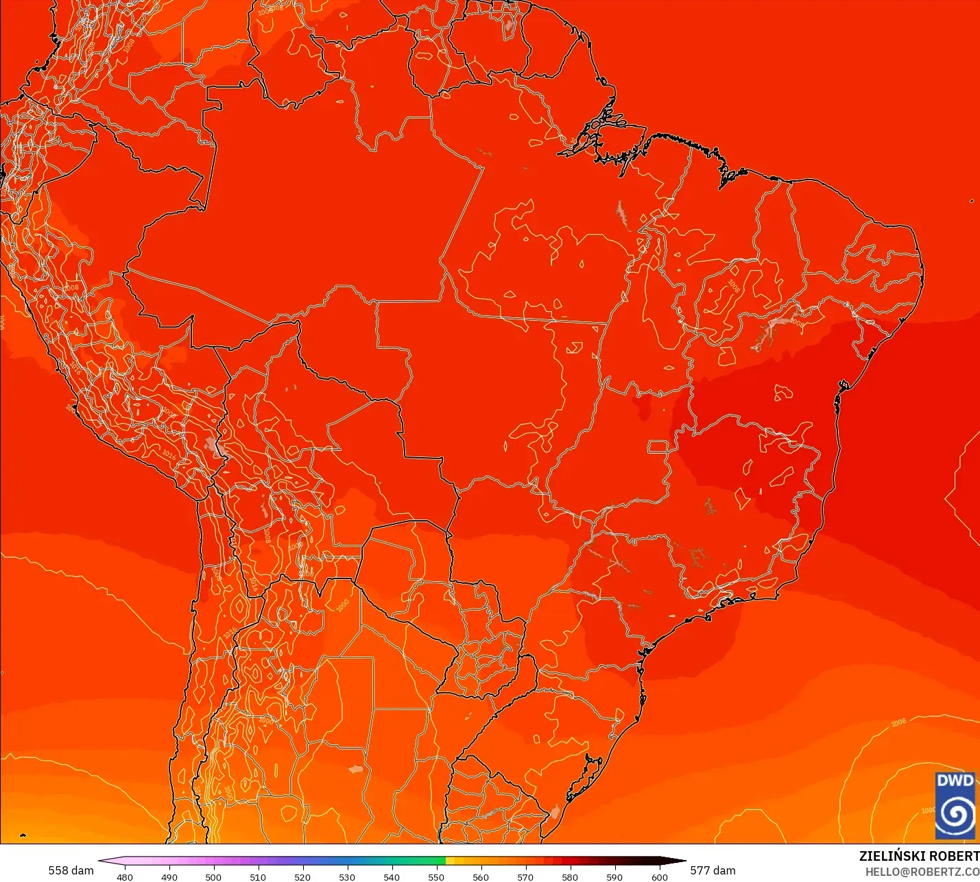 ICON modelo - Brasil, Altura geopotencial a 500 hPa