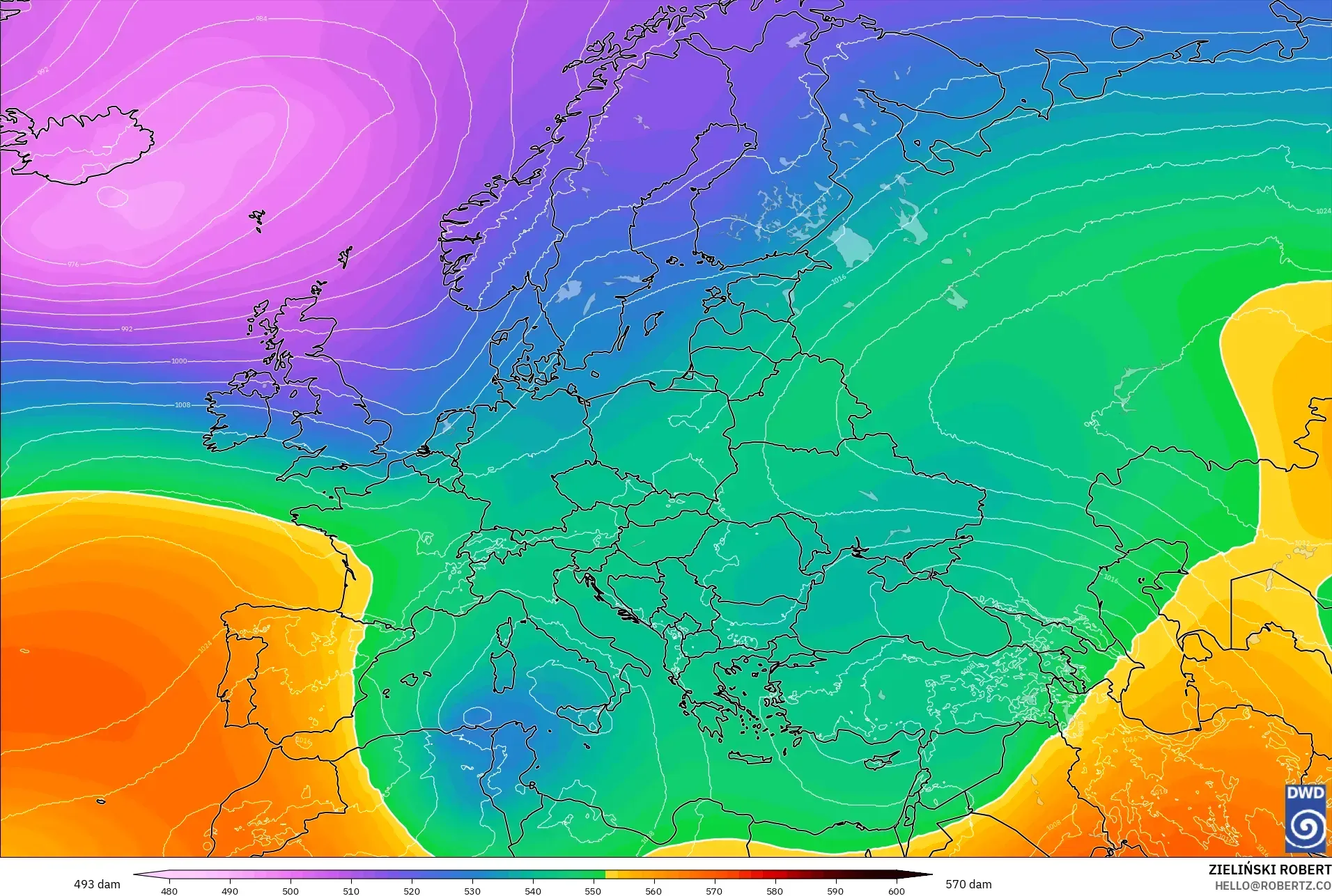 ICON modelo - Europa, Altura geopotencial a 500 hPa