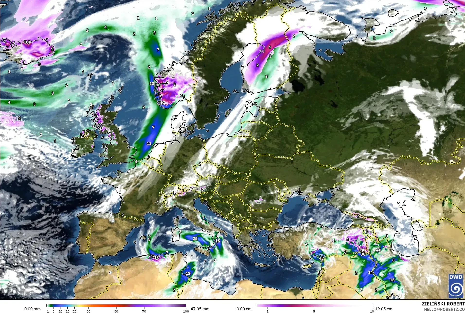 ICON modelo - Europa, Precipitação, nuvens e pressão