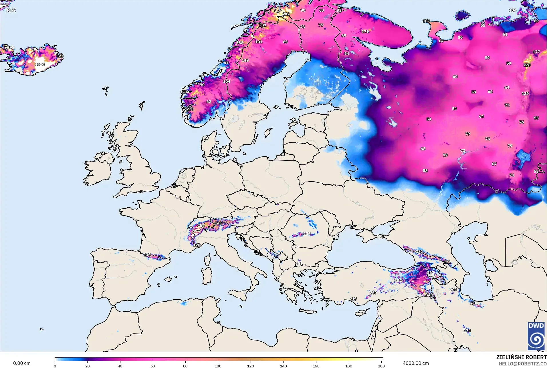 ICON modelo - Europa, Profundidade da neve
