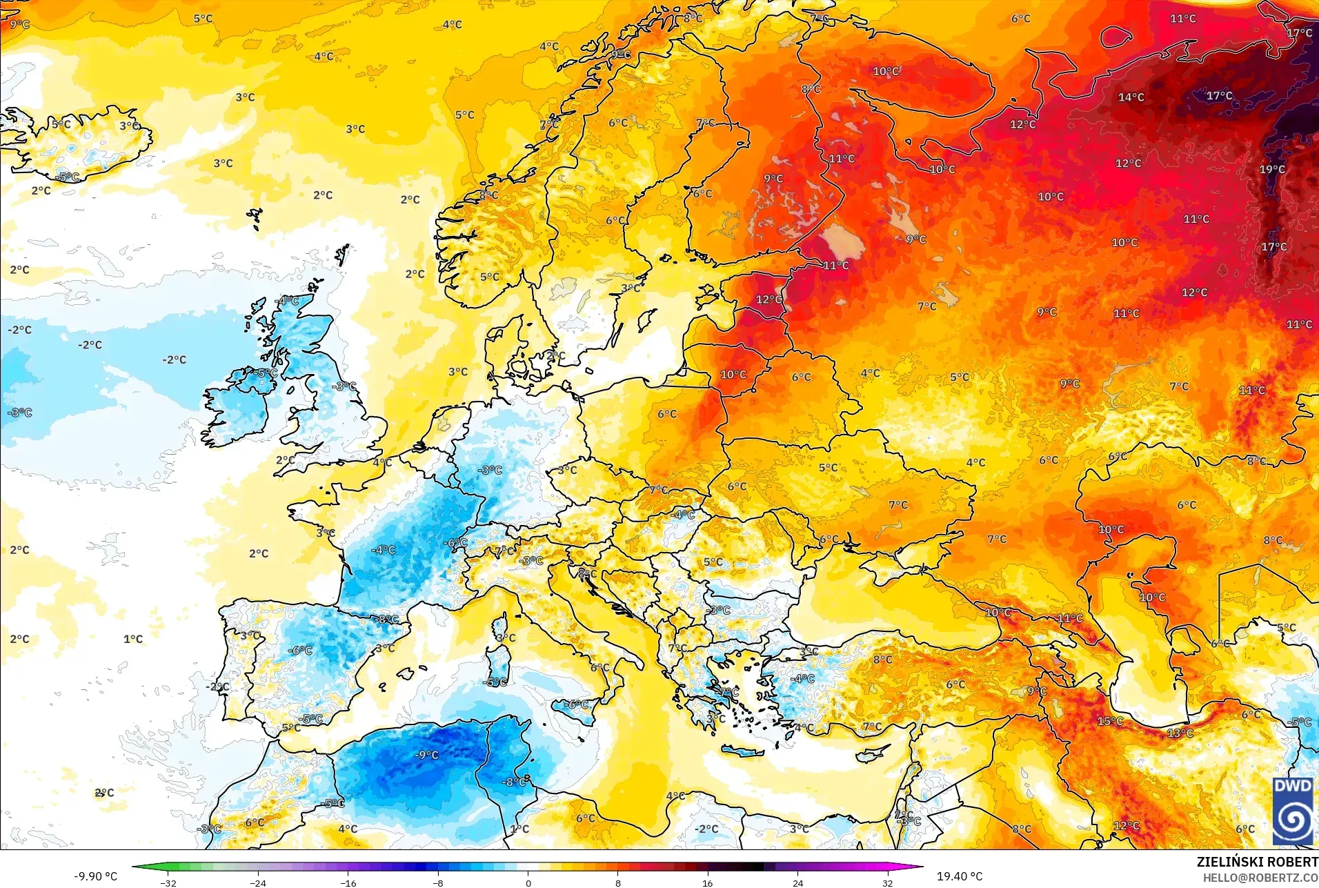 ICON modelo - Europa, Anomalia de temperatura a 2 m