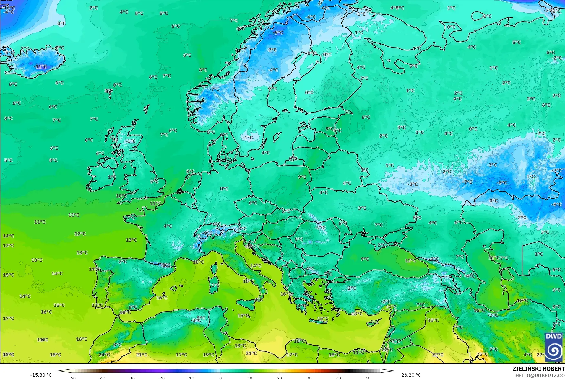 ICON modelo - Europa, Temperatura a 2 m