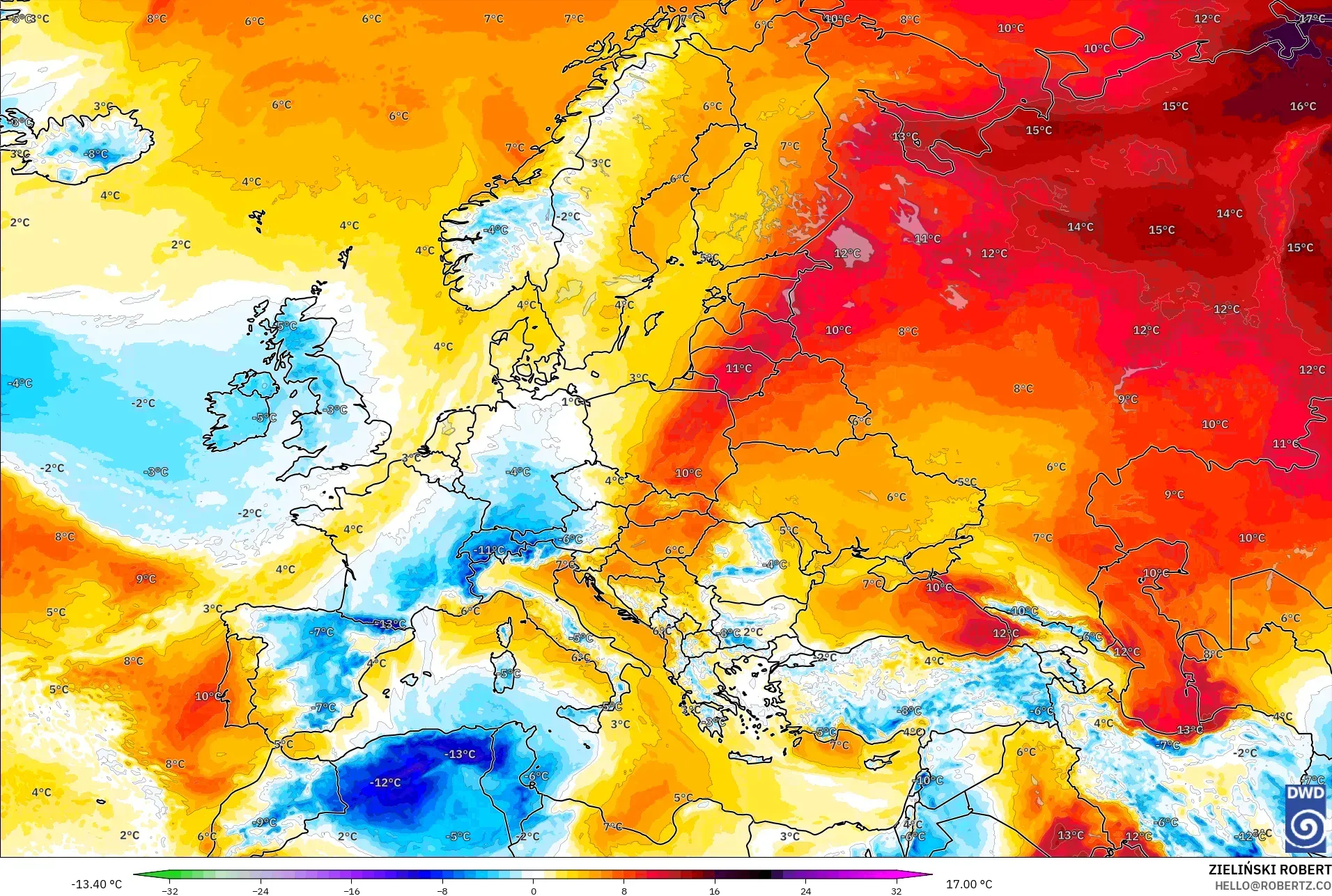 ICON modelo - Europa, Anomalia de temperatura a 850 hPa