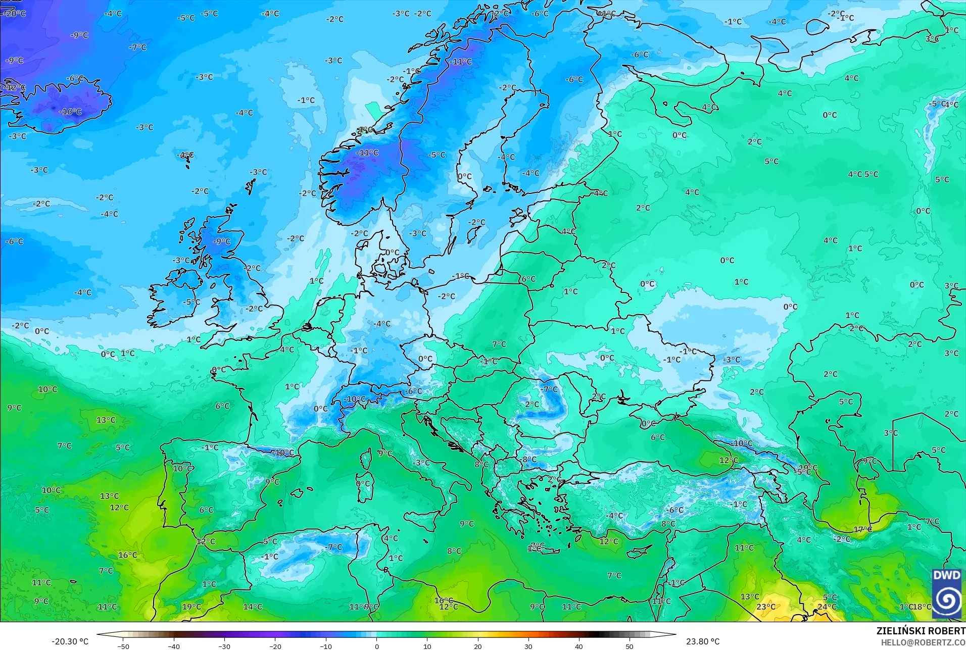 ICON modelo - Europa, Temperatura a 850 hPa