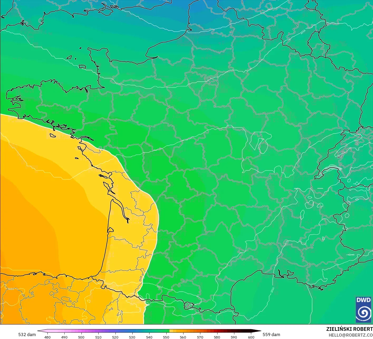 ICON modelo - França, Altura geopotencial a 500 hPa