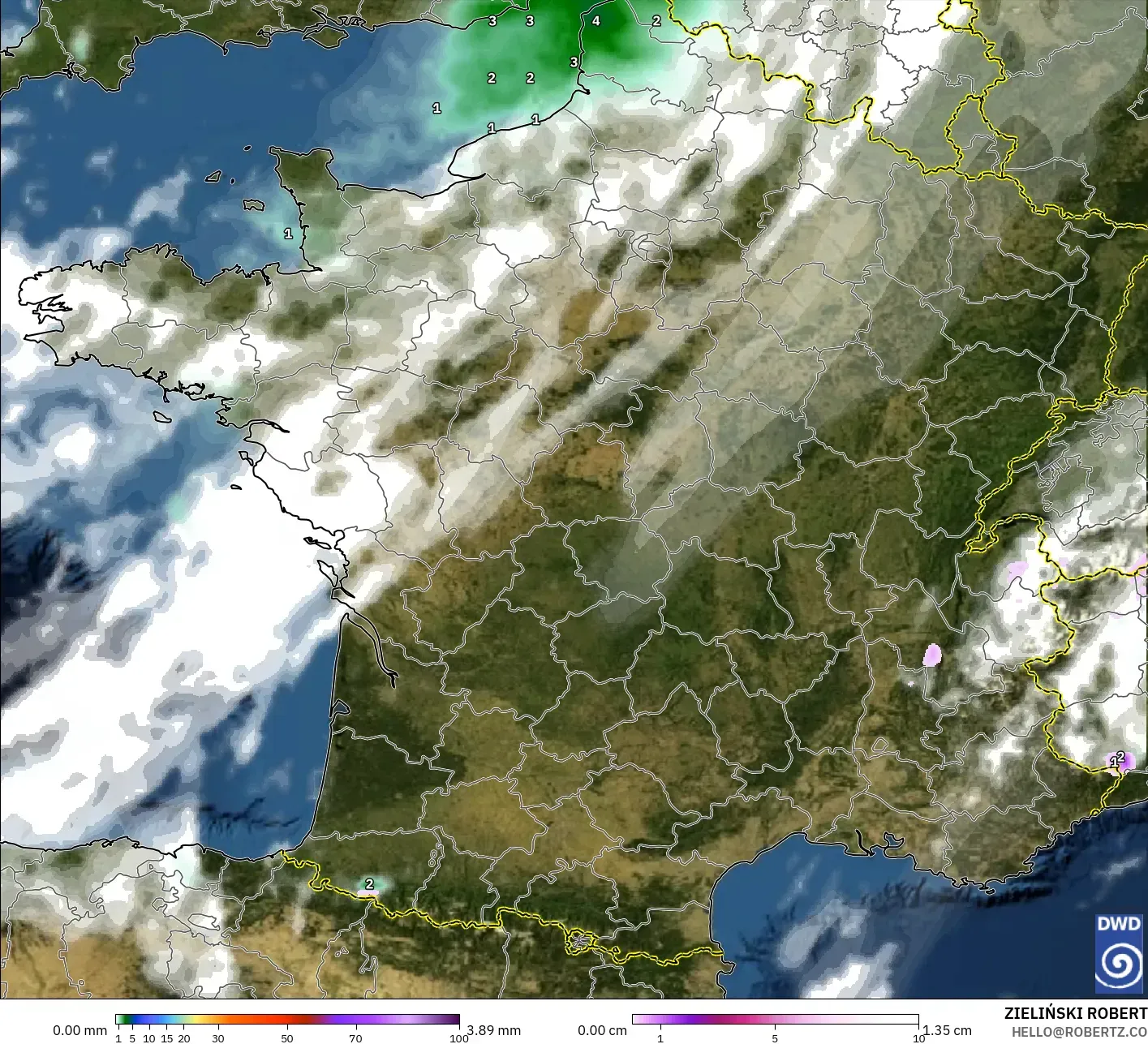 ICON modelo - França, Precipitação, nuvens e pressão