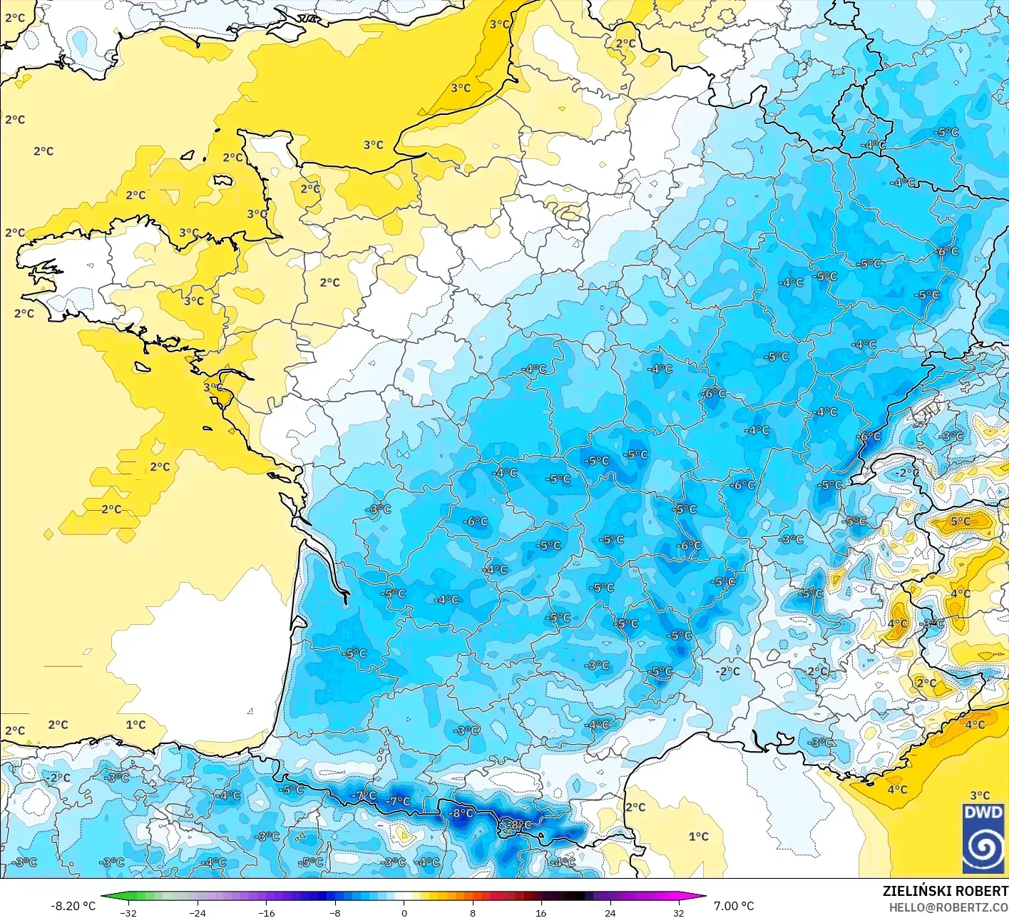 ICON modelo - França, Anomalia de temperatura a 2 m