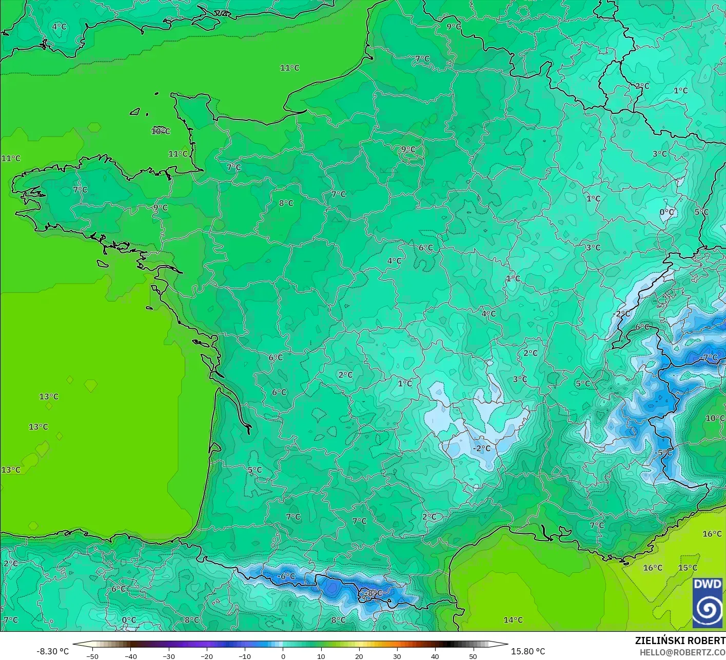 ICON modelo - França, Temperatura a 2 m