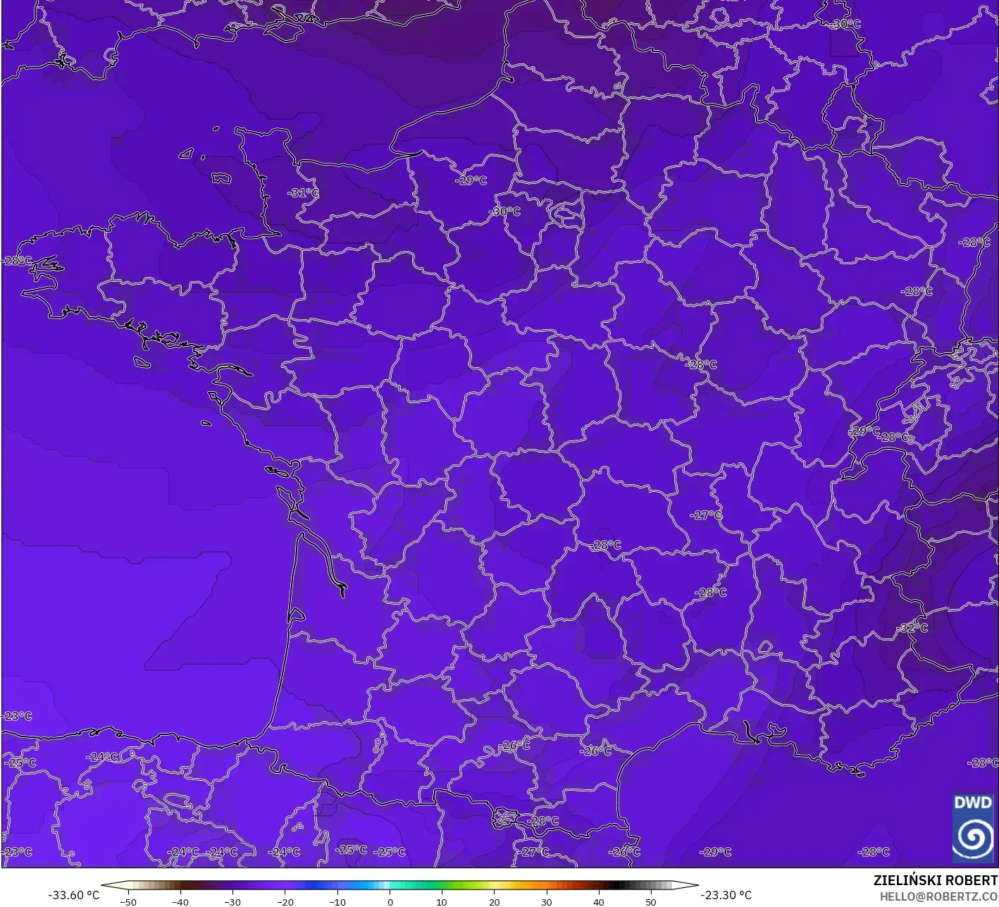 ICON modelo - França, Temperatura a 500 hPa