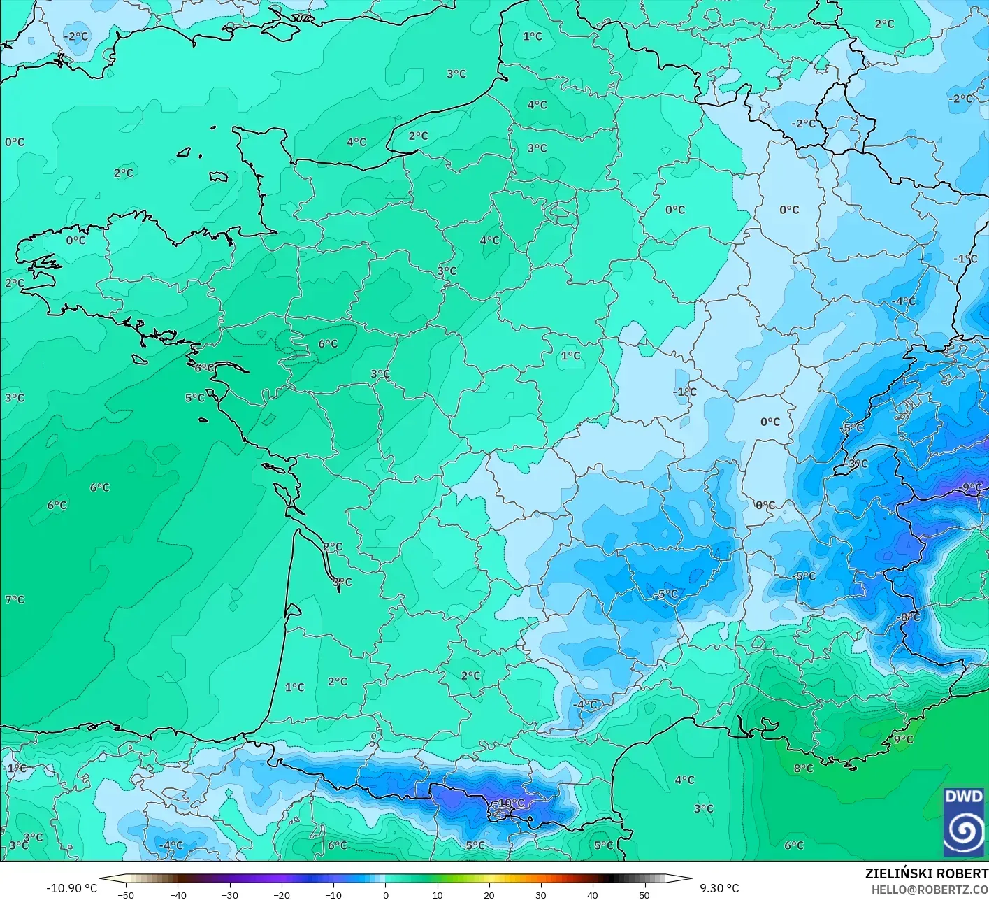 ICON modelo - França, Temperatura a 850 hPa