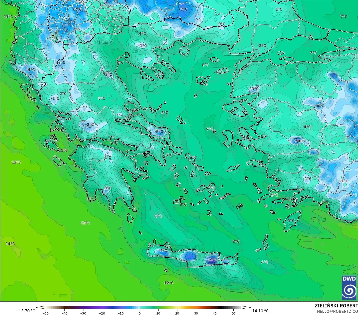 ICON modelo - Grécia, Ponto de orvalho a 2 m