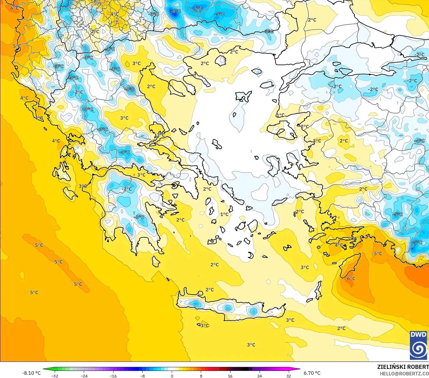 ICON modelo - Grécia, Anomalia de temperatura a 850 hPa