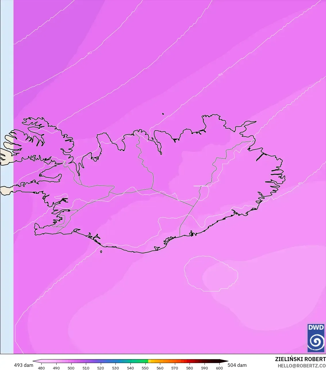 ICON modelo - Islândia, Altura geopotencial a 500 hPa