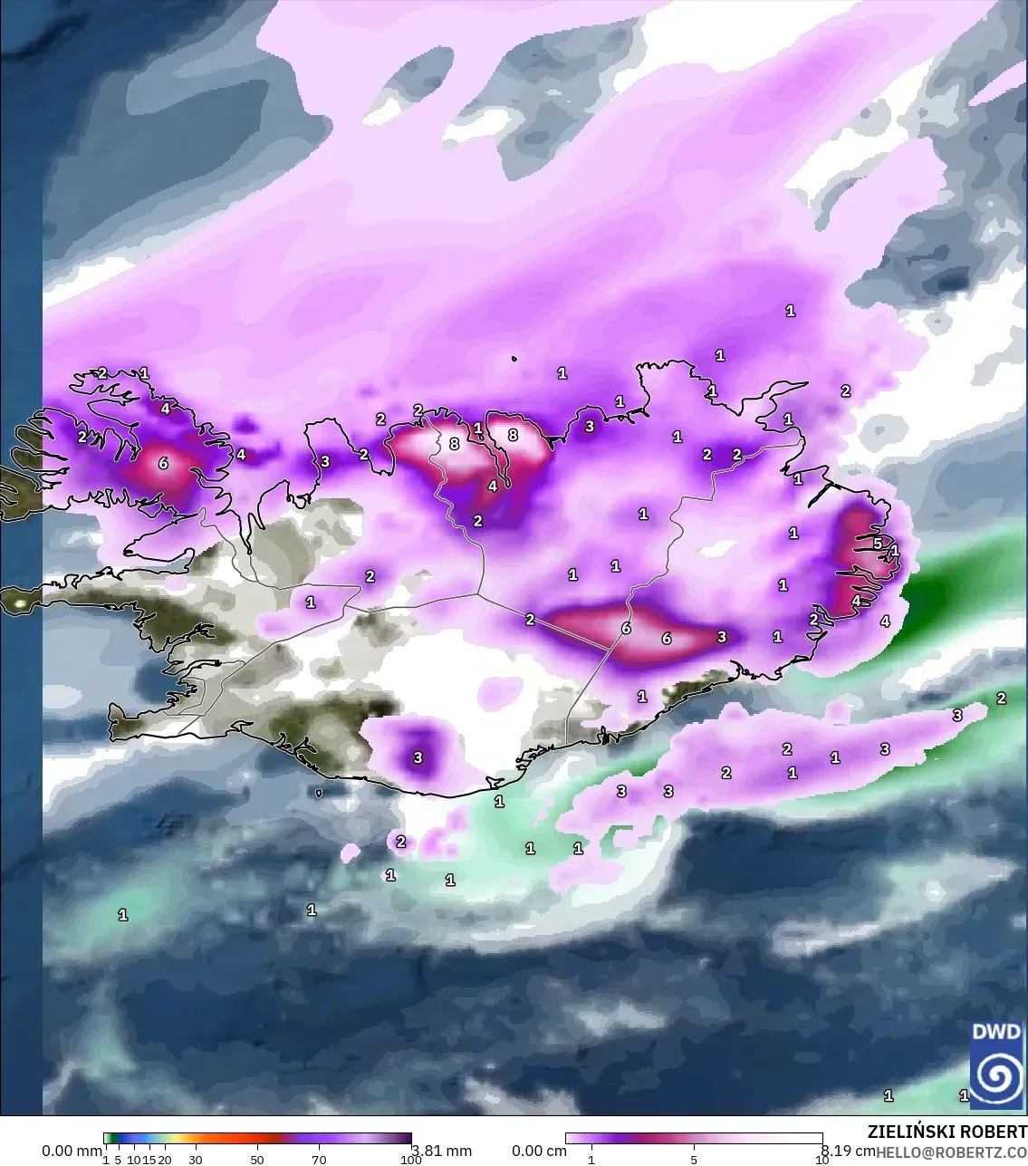 ICON modelo - Islândia, Precipitação, nuvens e pressão