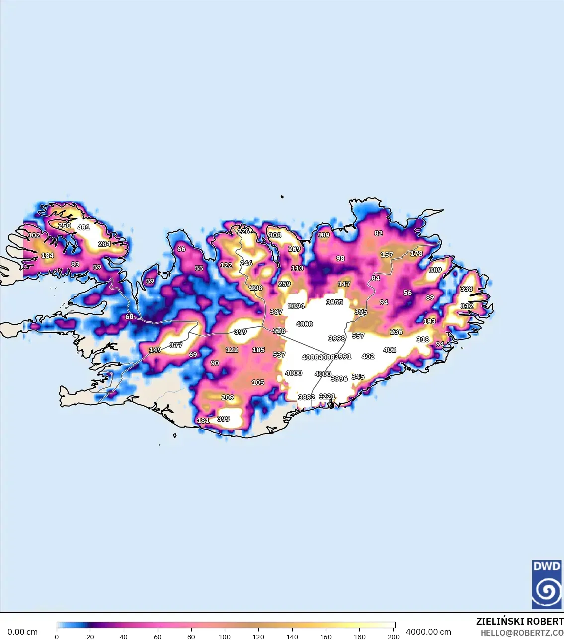 ICON modelo - Islândia, Profundidade da neve