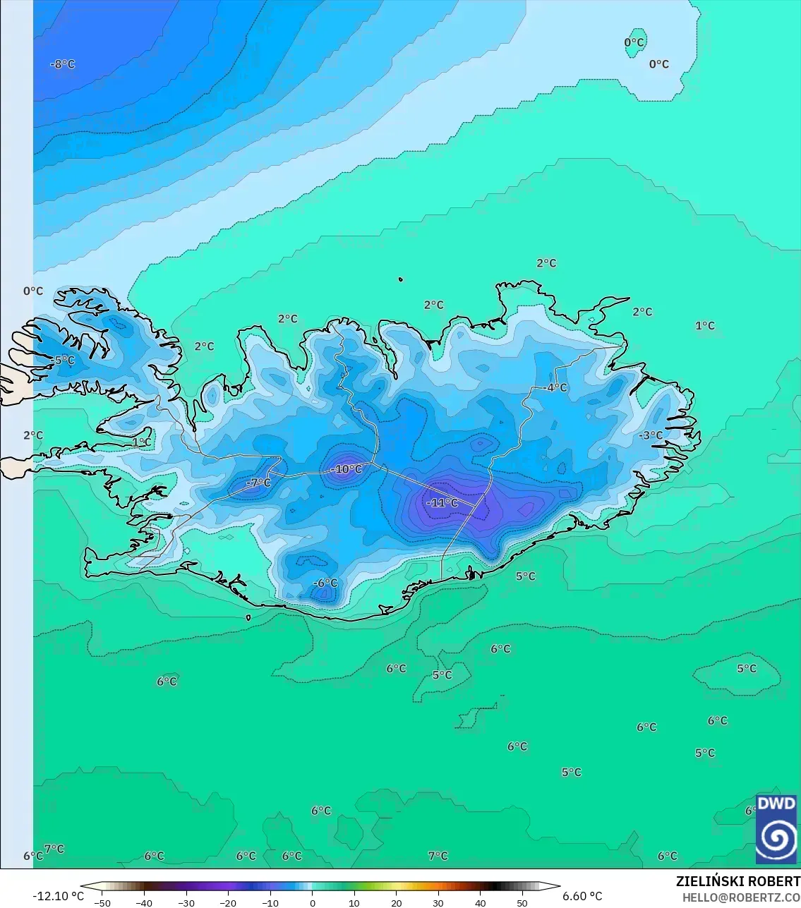 ICON modelo - Islândia, Temperatura a 2 m