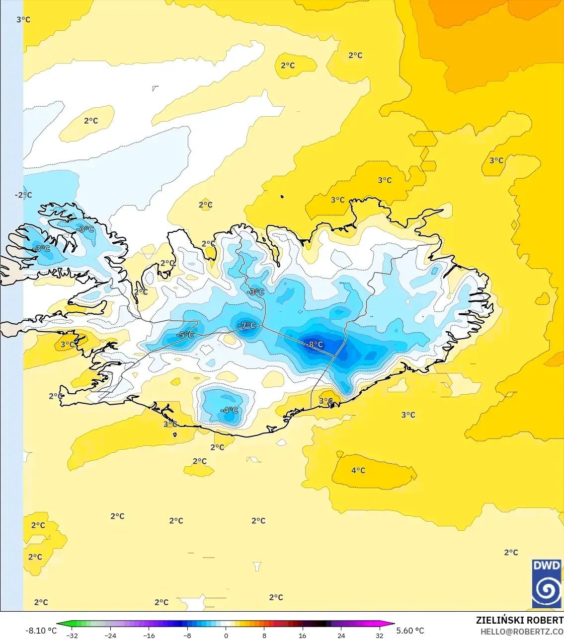 ICON modelo - Islândia, Anomalia de temperatura a 850 hPa