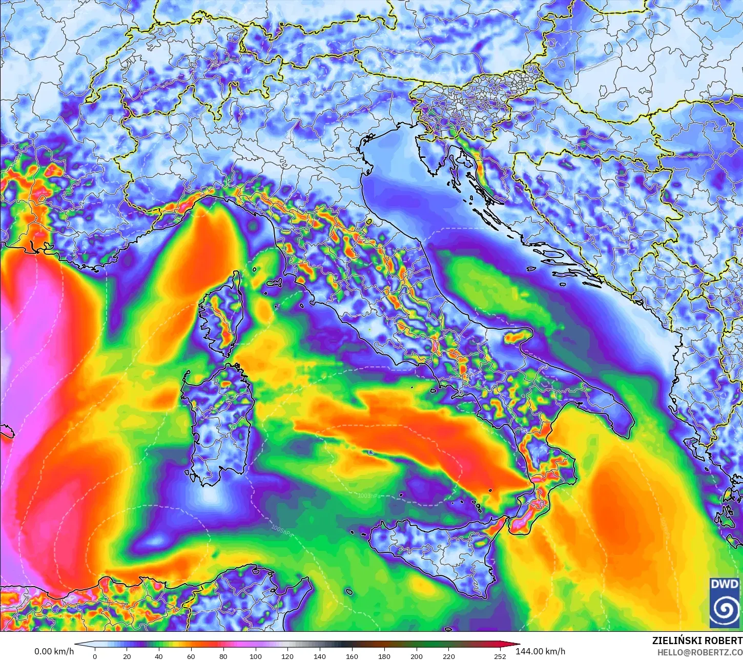 ICON modelo - Itália, Rajadas de vento